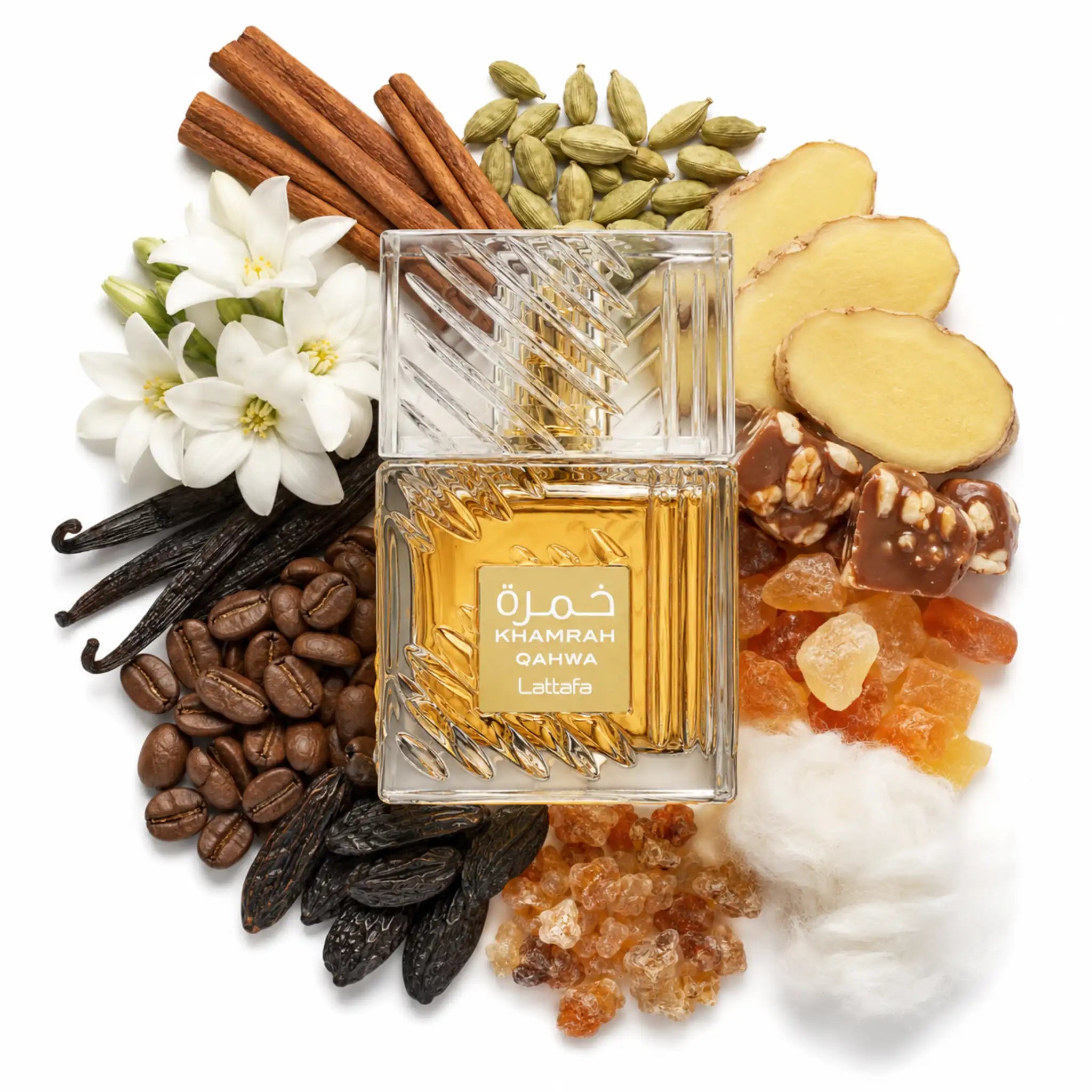 Khamrah_Qahwa_Lattafa_Eau_de_Parfum_Unisex_Fondo_Blanco_Jengibre_Canela_Cardamomo