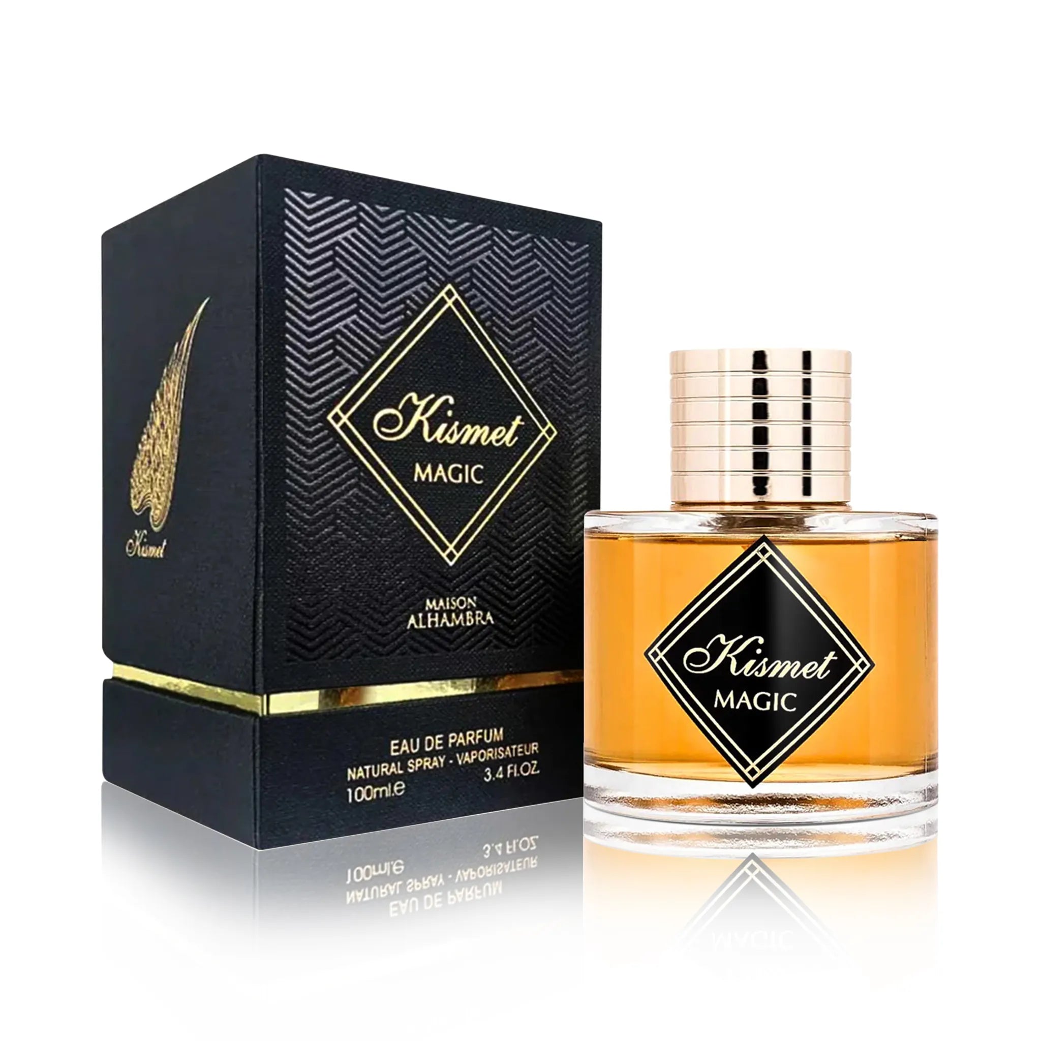 Foto frontal del Kismet Magic Maison Alhambra Eau de Parfum Unisex fondo blanco con su caja
