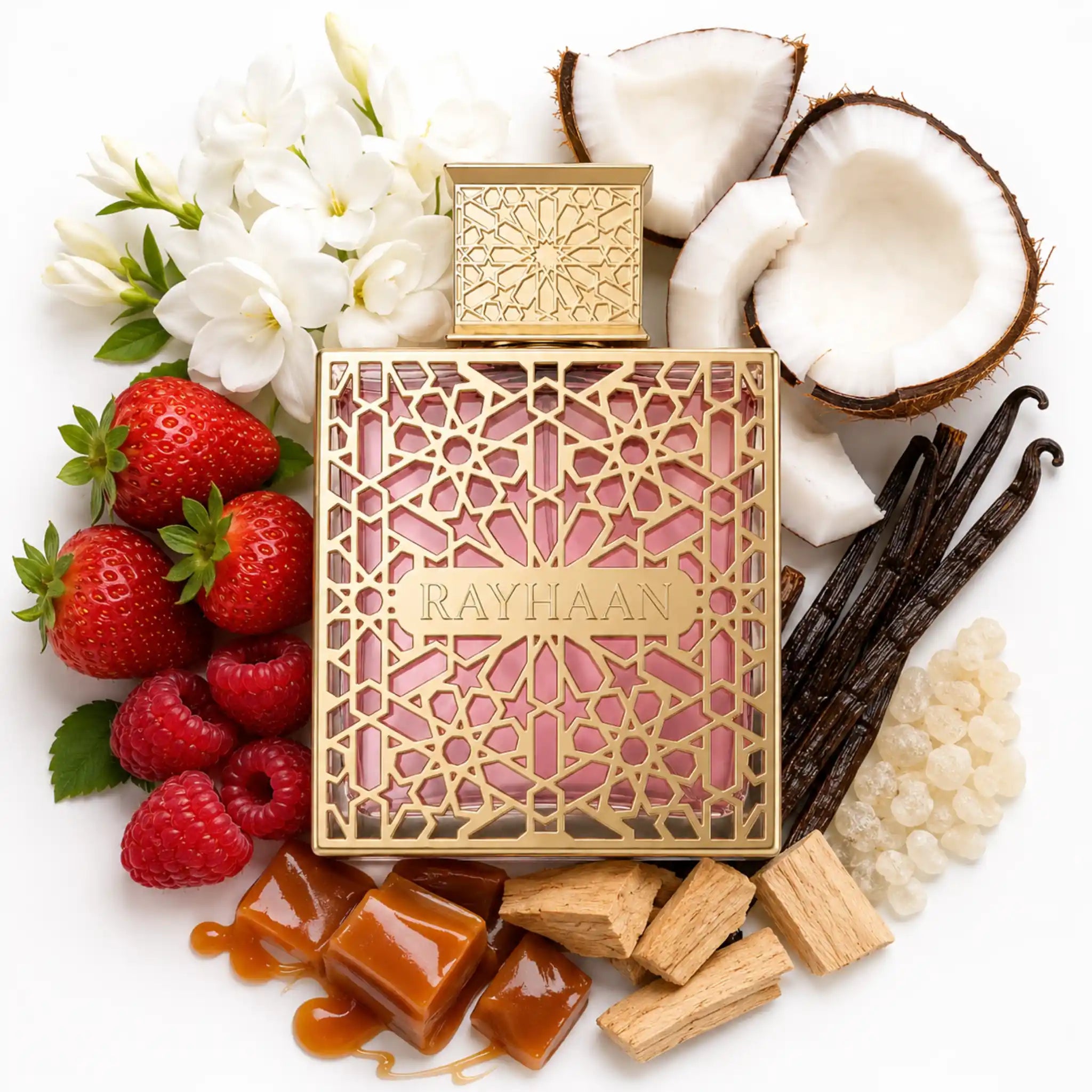 Kiss Rayhaan Eau de Parfum Para Mujer con fondo de ingredientes