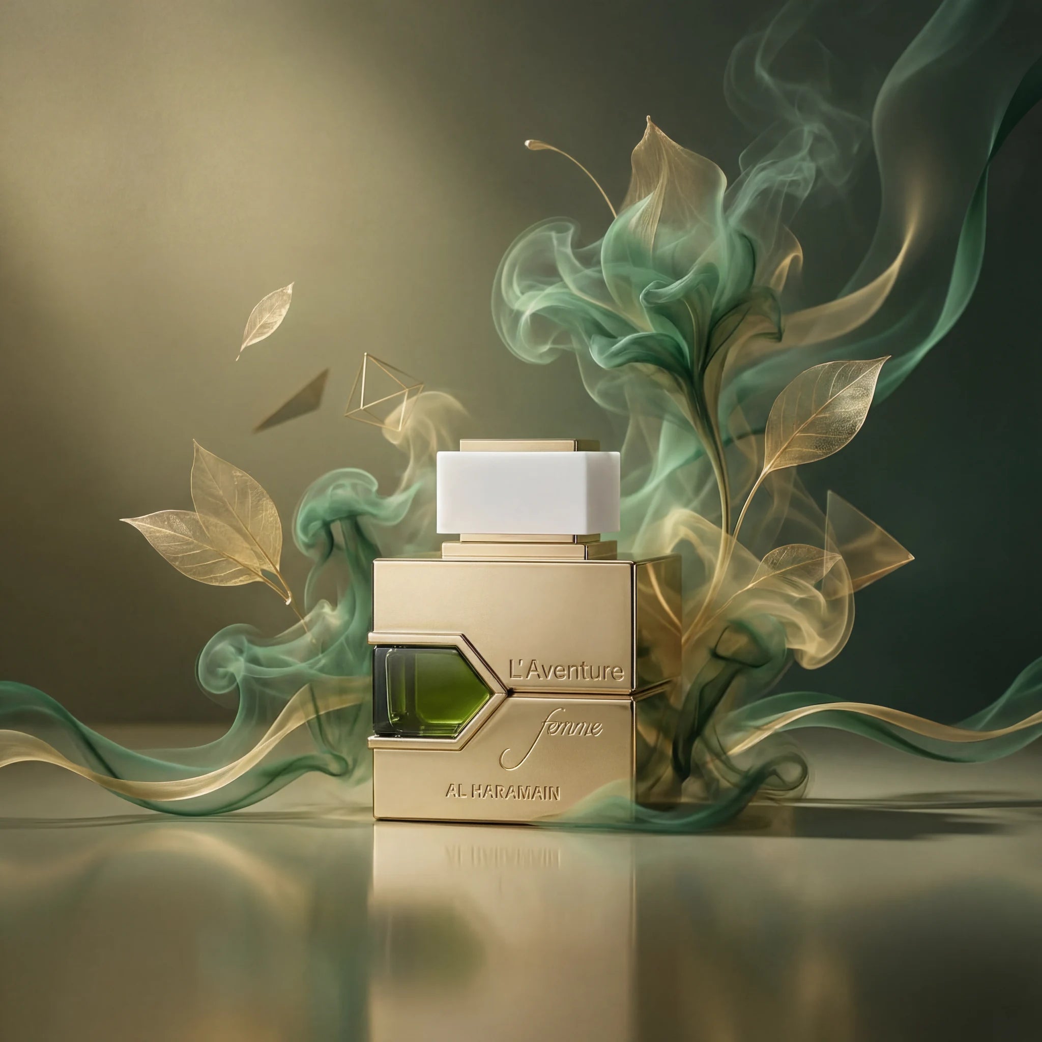 L Aventure Femme Al Haramain Eau de Parfum Para Mujer con fondo creativo de hojas verdes
