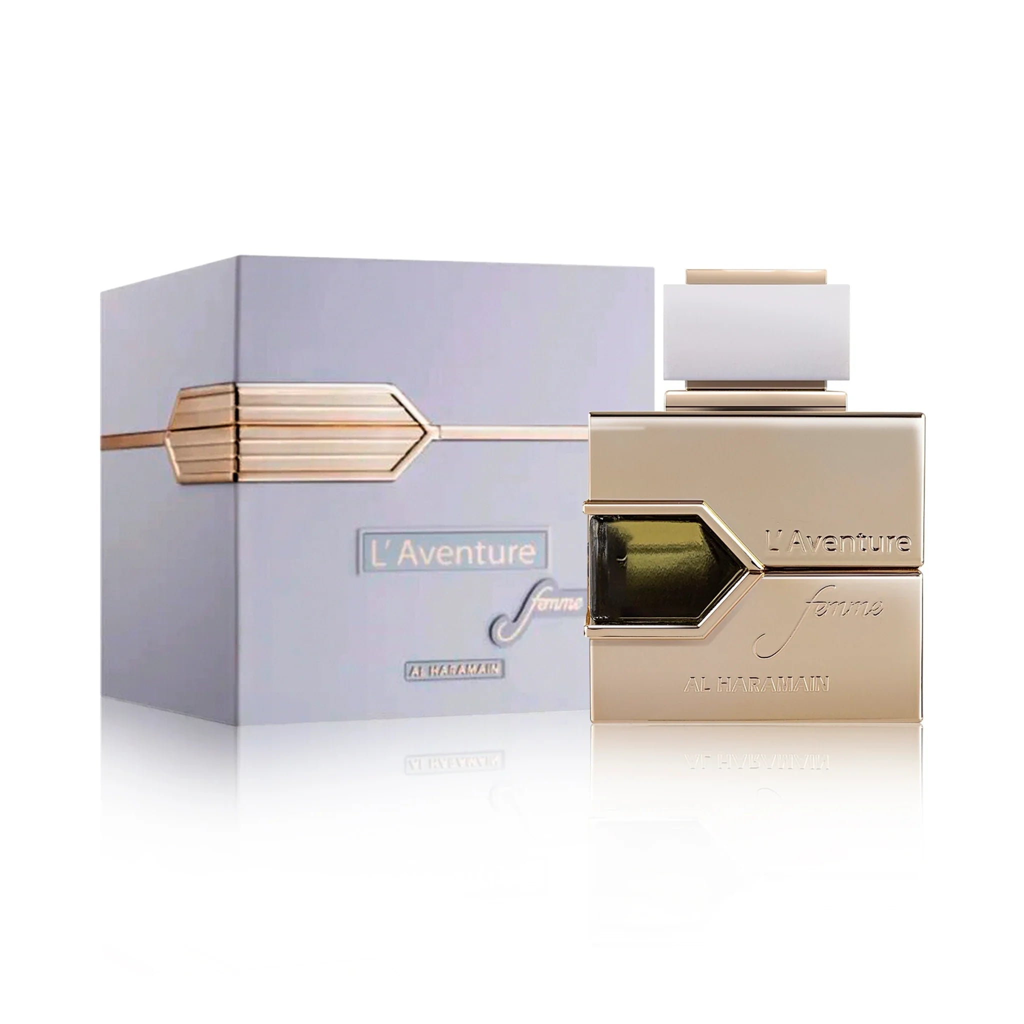 Frontal del L'Aventure Femme Al Haramain Eau de Parfum Para Mujer con su caja