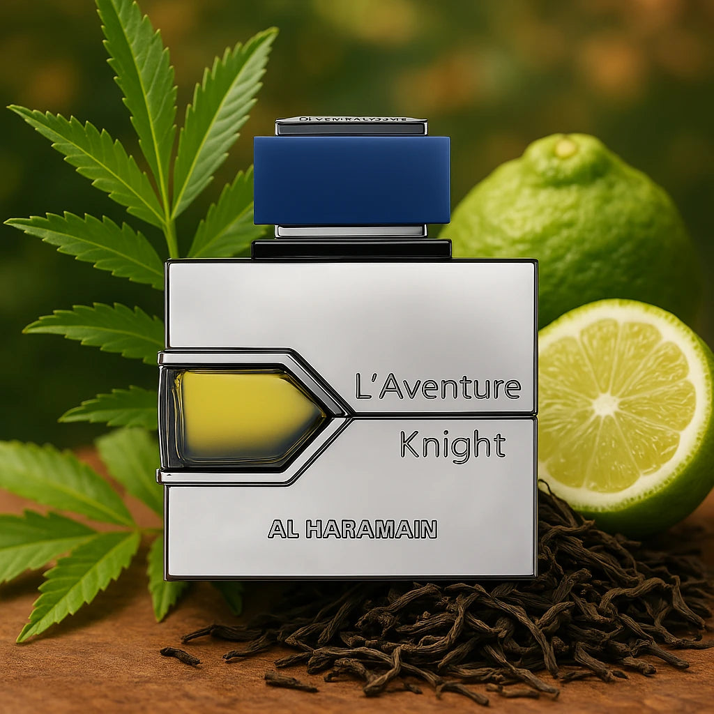 L'Aventure Knight Al Haramain Eau de Parfum Para Hombre con fondo de lima