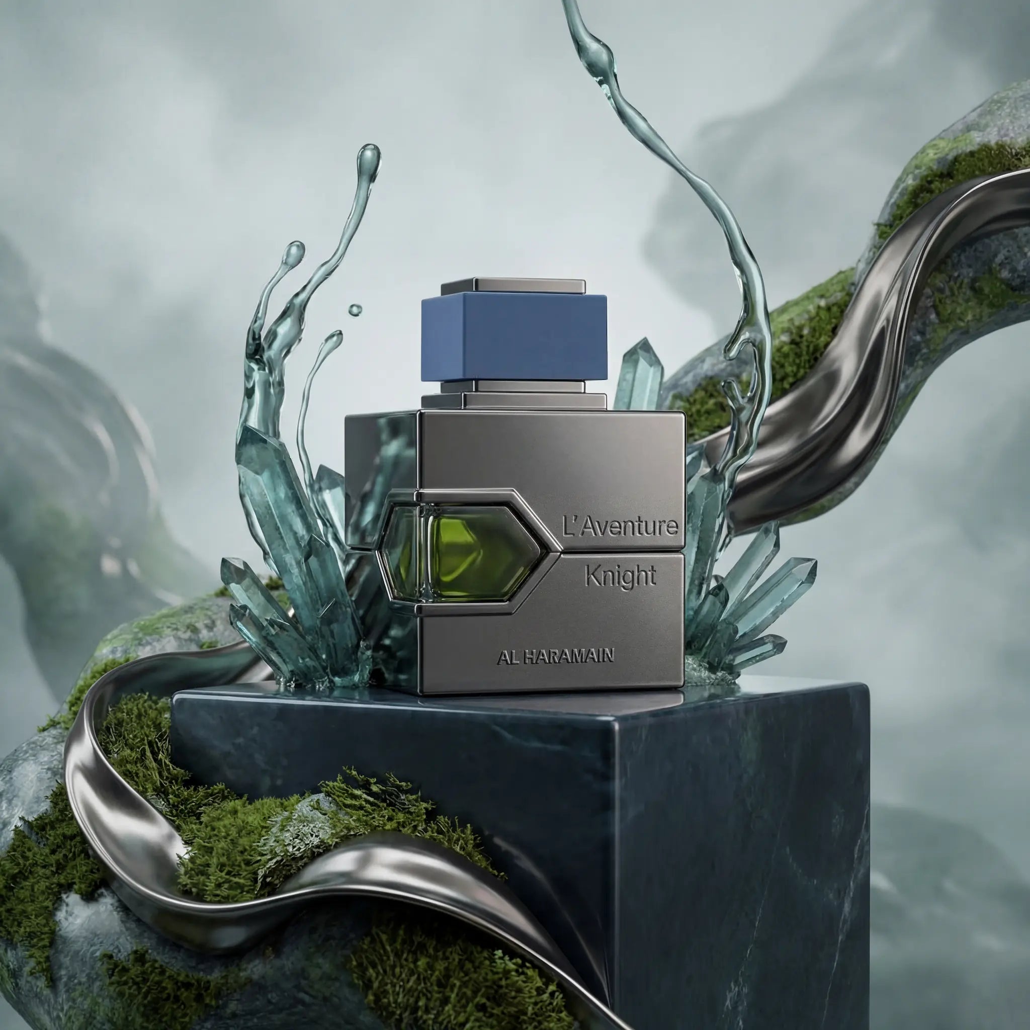 L Aventure Knight Al Haramain Eau de Parfum Para Hombre con fondo creativo de cristales azules