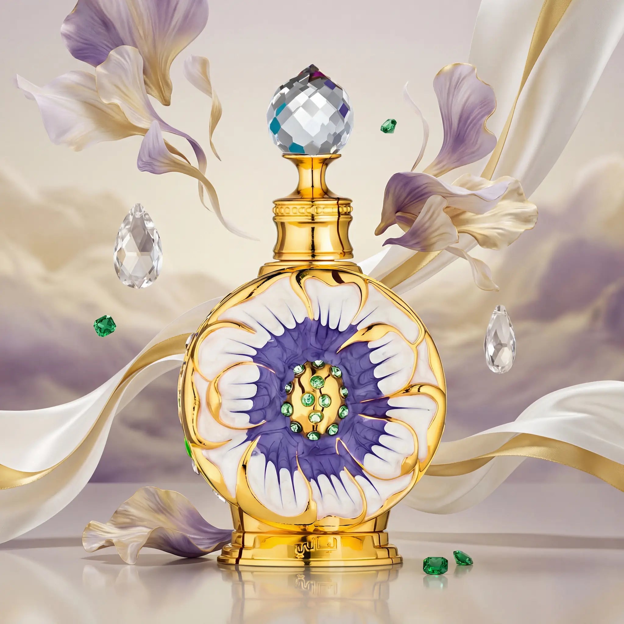 Layali Swiss Arabian Eau de Parfum Para Mujer con fondo creativo con diamantes y esmeraldas