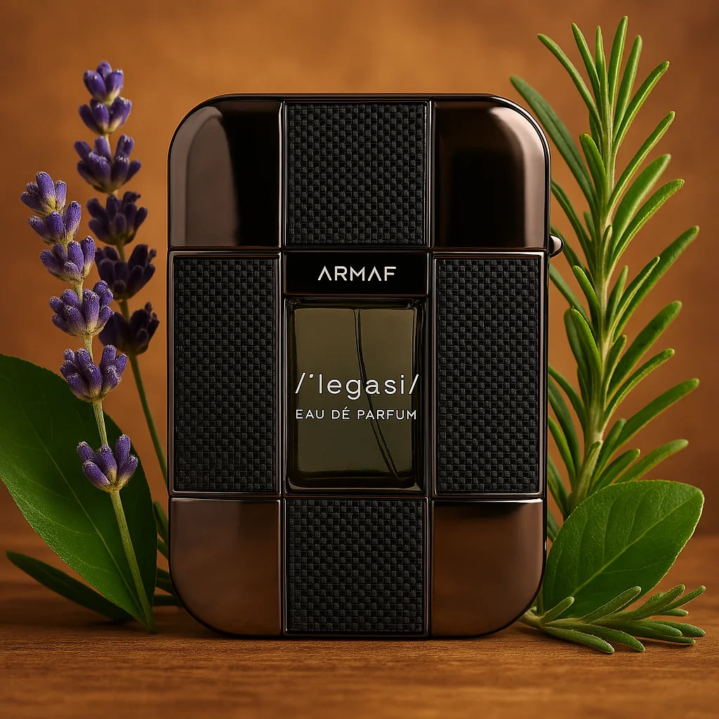 Legesi Homme Armaf Eau de Parfum Para Hombre con fondo de plantas