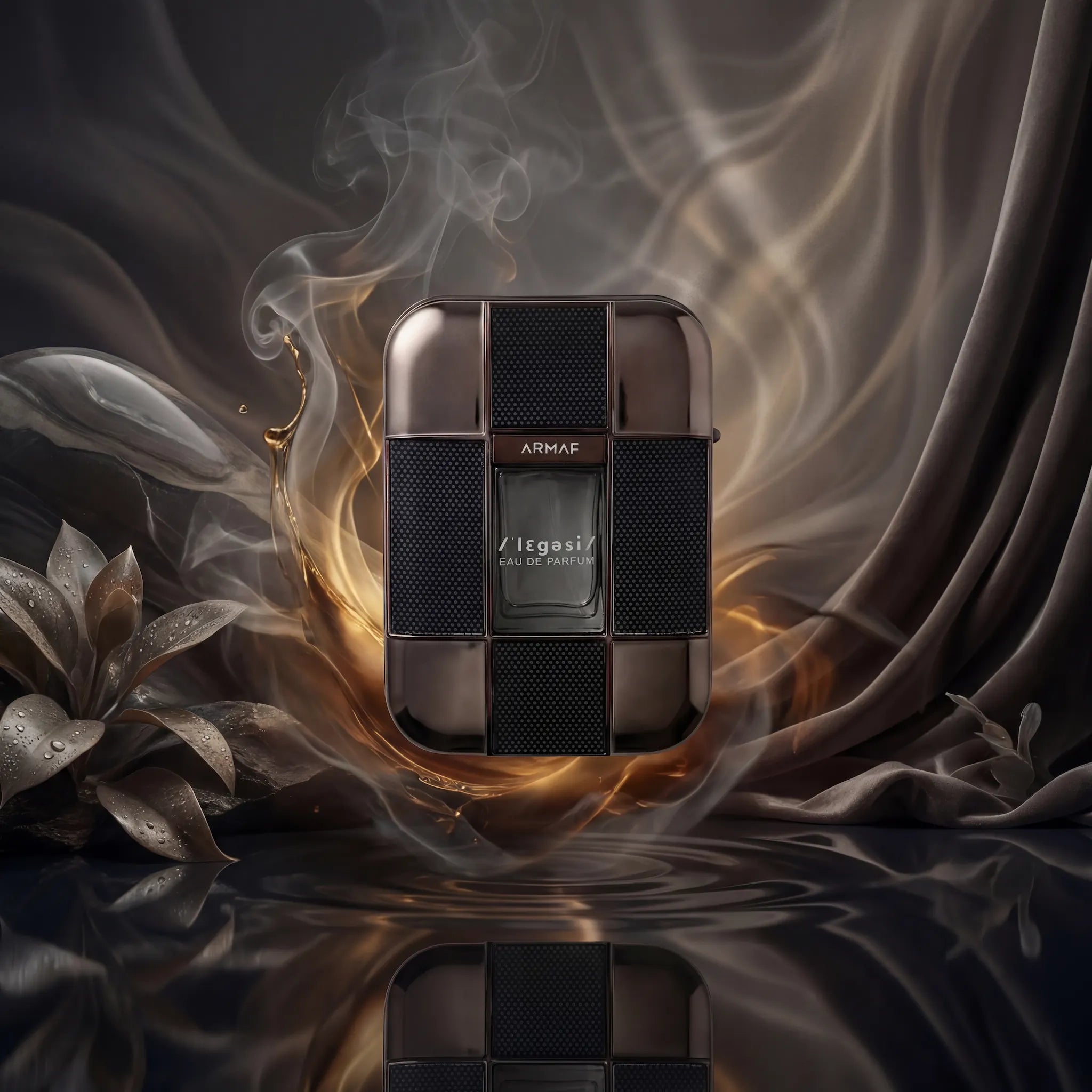 Legesi Homme Armaf Eau de Parfum Para Hombre con fondo creativo marron