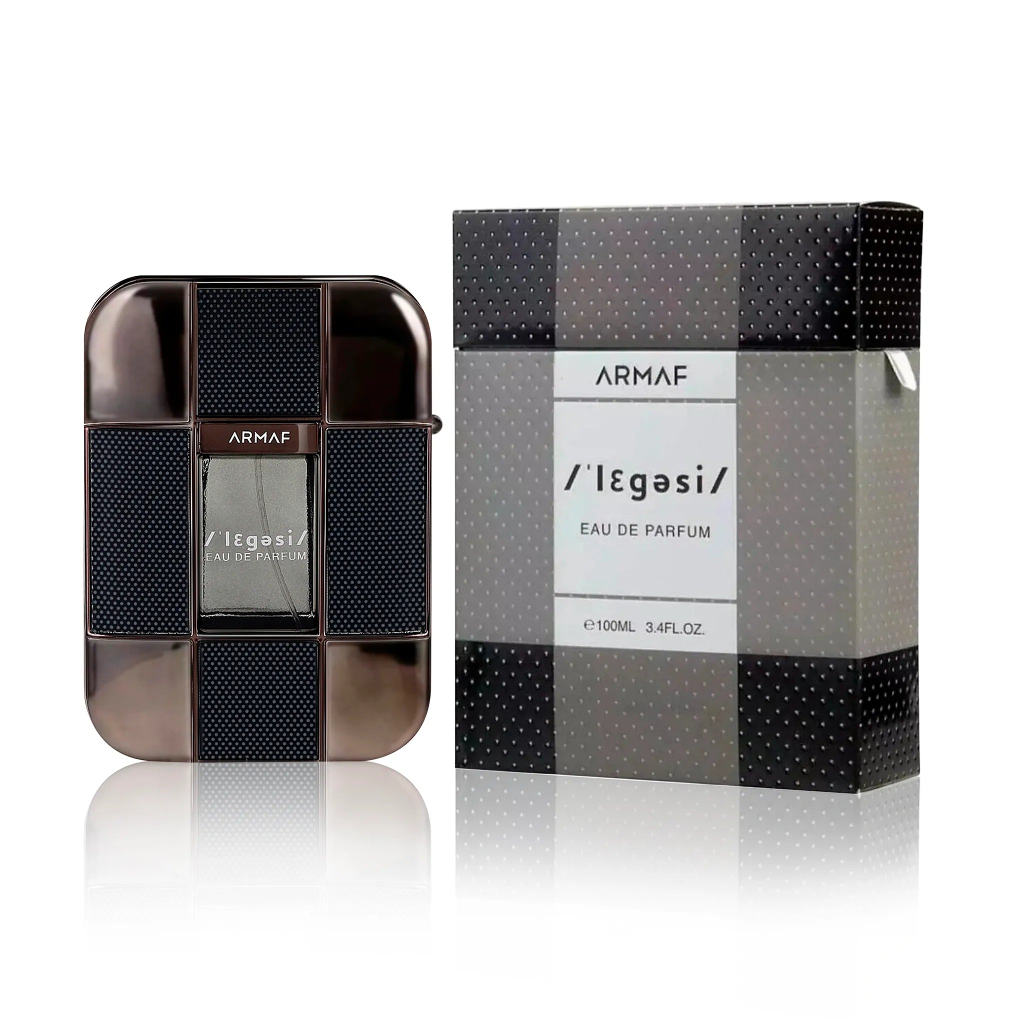 Foto frontal del Legesi Homme Armaf Eau de Parfum Para Hombre fondo blanco con su caja