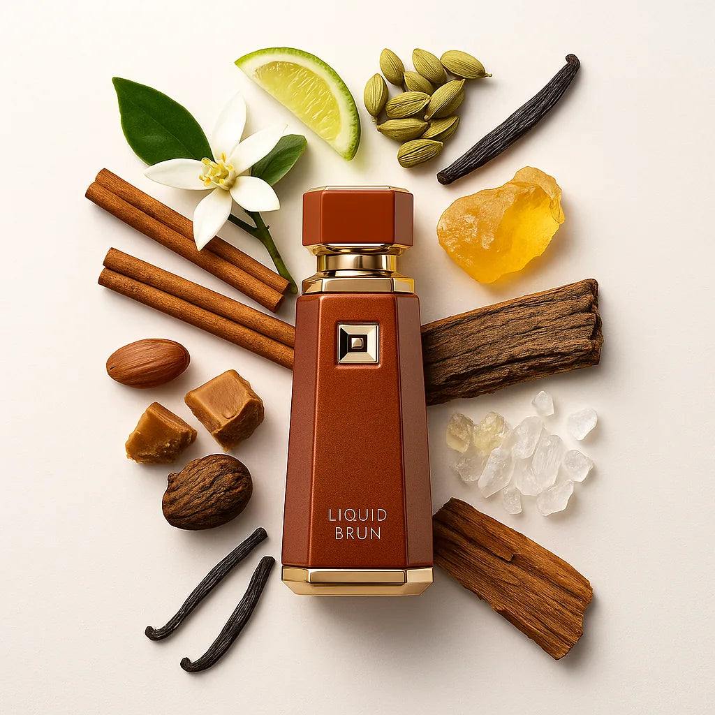 Liquid Brun French Avenue Eau de Parfum Para Hombre con fondo de ingredientes