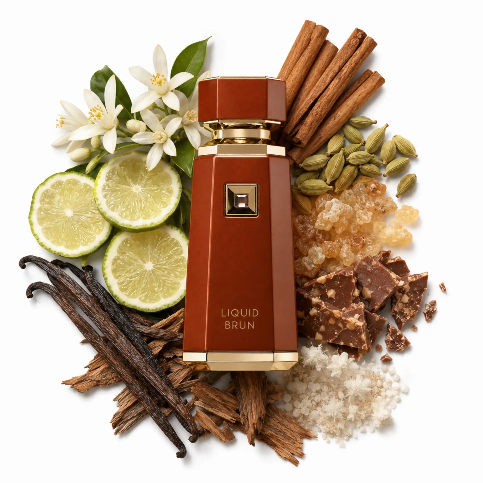 Liquid Brun French Avenue Eau de Parfum Para Hombre con fondo de ingredientes