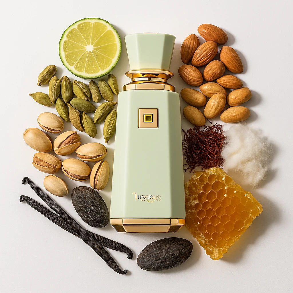 Luscious French Avenue Eau de Parfum Para Mujer con fondo de ingredientes