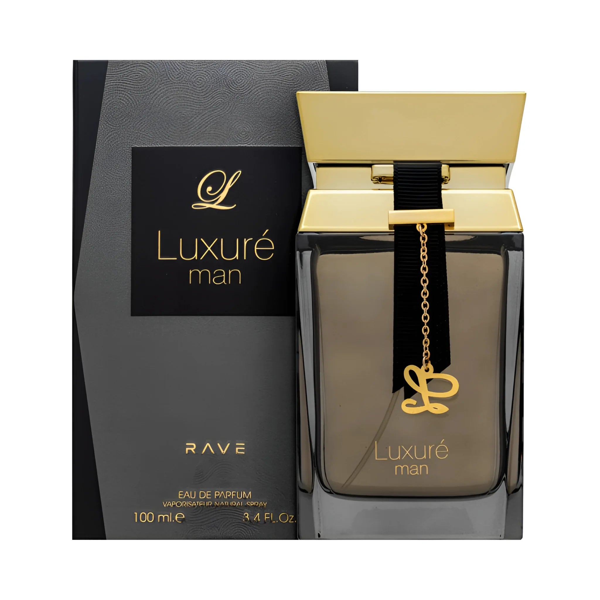 Frasco y caja de Luxuré Man Rave Eau de Parfum Para Hombre