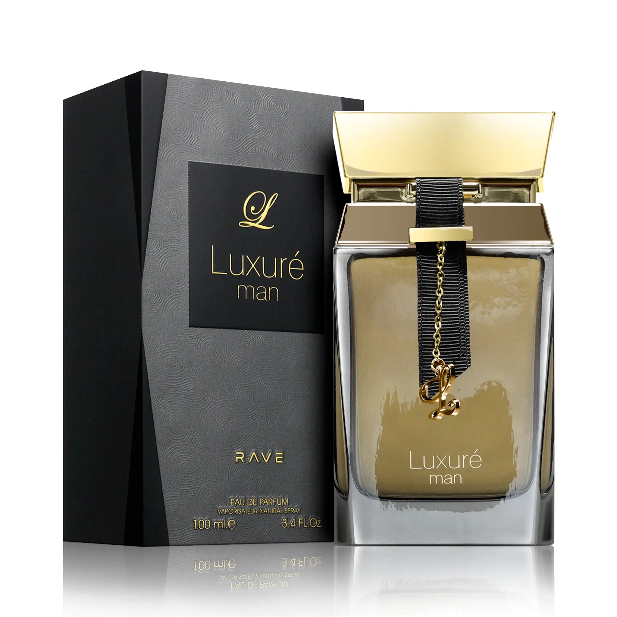 Frasco y caja de Luxuré Man Rave Eau de Parfum Para Hombre