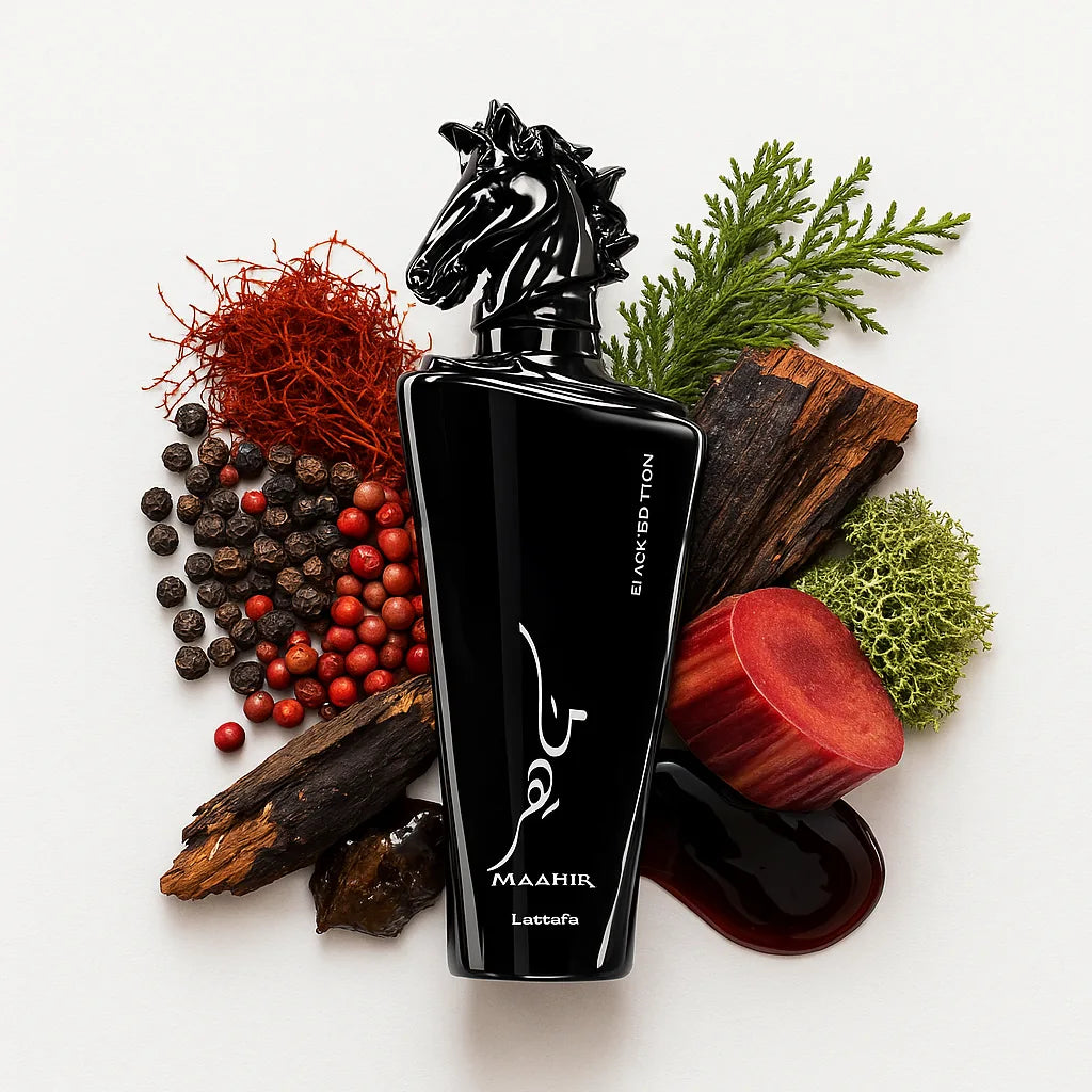Maahir_Black_Edition_Lattafa_Eau_de_Parfum_Unisex_Fondo_Blanco_Pimienta_Azafran_Petroleo_Ladano_Balsamo_Ruibardo_Cedro_Musgo