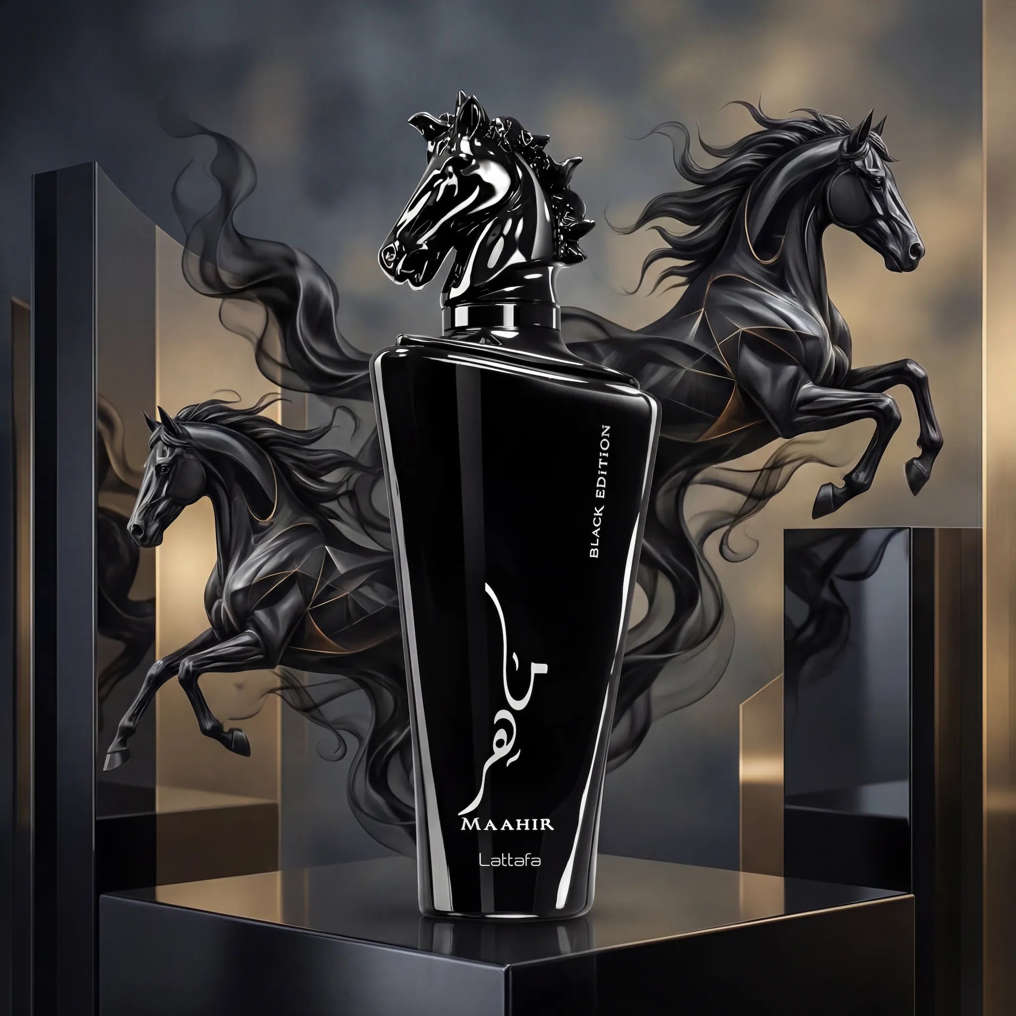 Maahir Black Edition Lattafa Eau de Parfum Unisex con fondo creativo de caballos