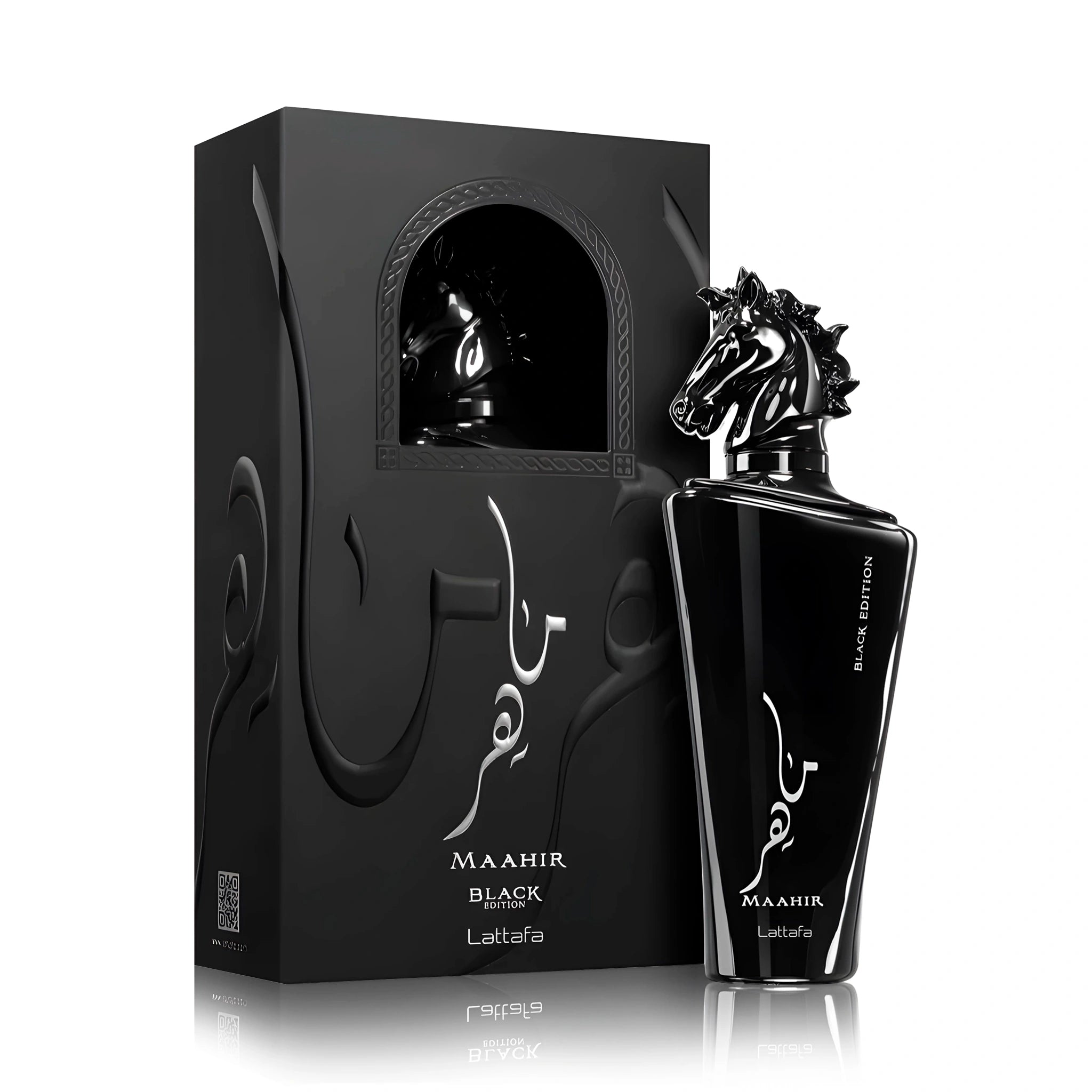 Frasco y caja del Maahir Black Edition Lattafa Eau de Parfum Unisex