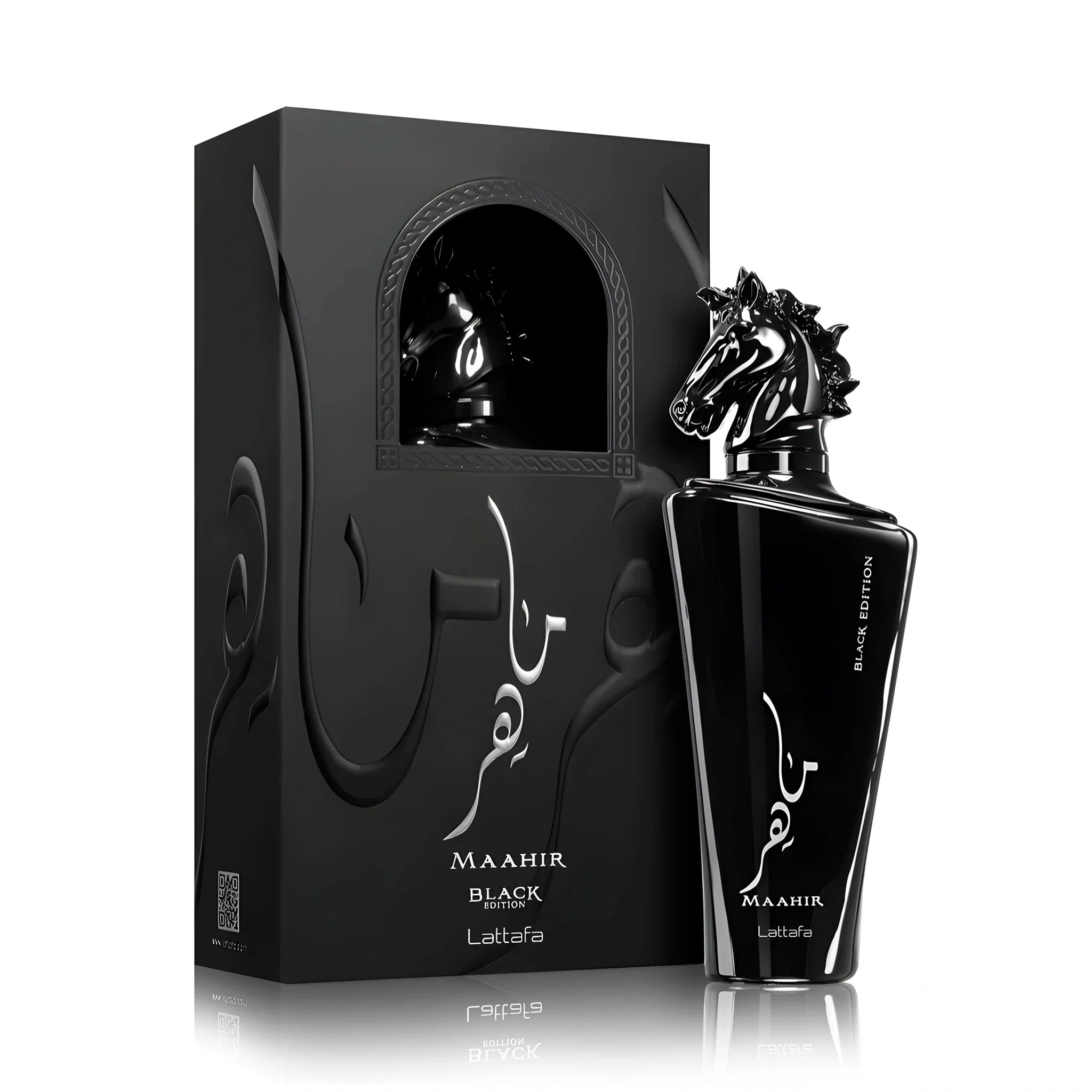 Frasco y caja del Maahir Black Edition Lattafa Eau de Parfum Unisex