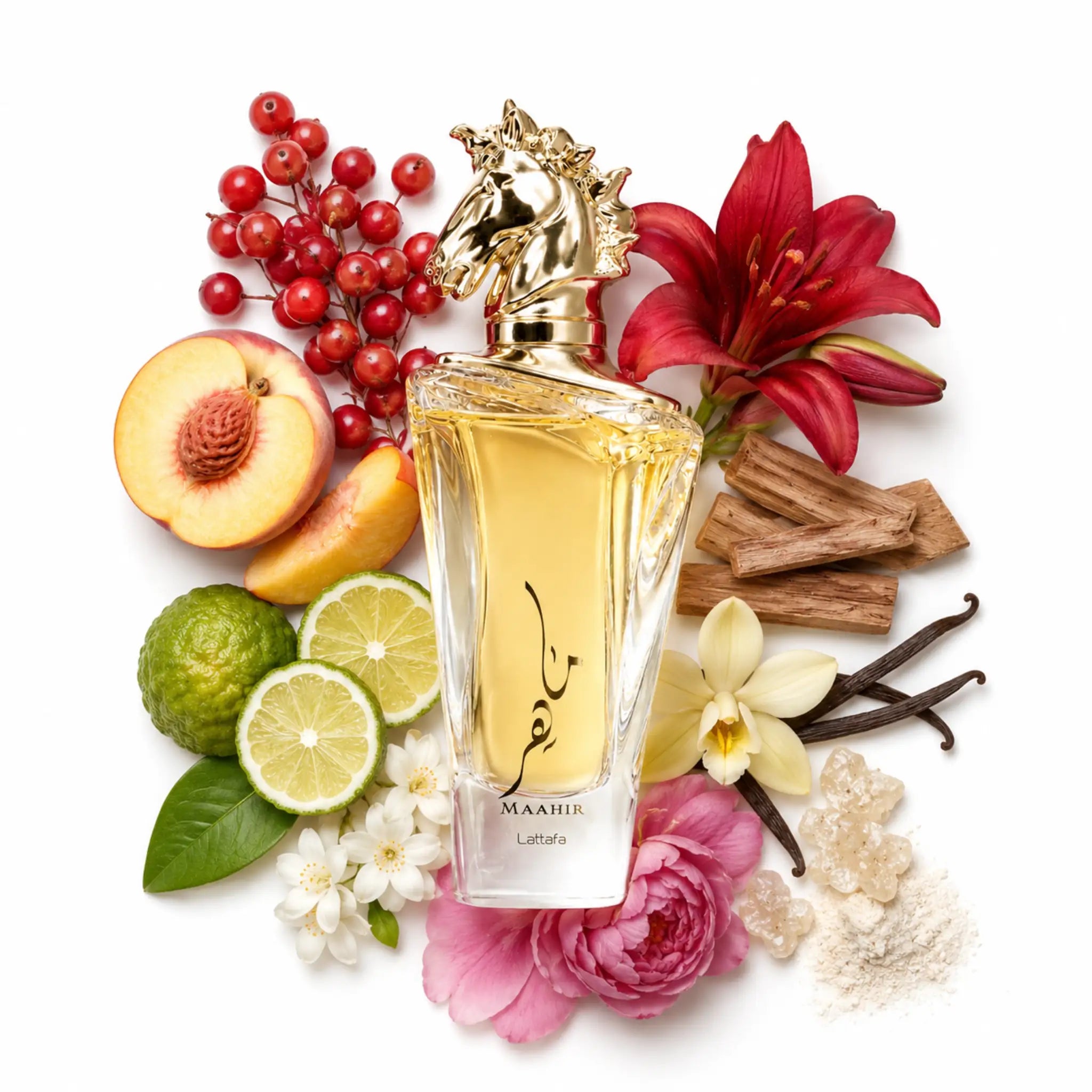 Maahir_Lattafa_Eau_de_Parfum_Unisex_Fondo_Blanco_Bayas_Durazno_Bergamota_Jazmin_Peonia_Azucena_Vainilla