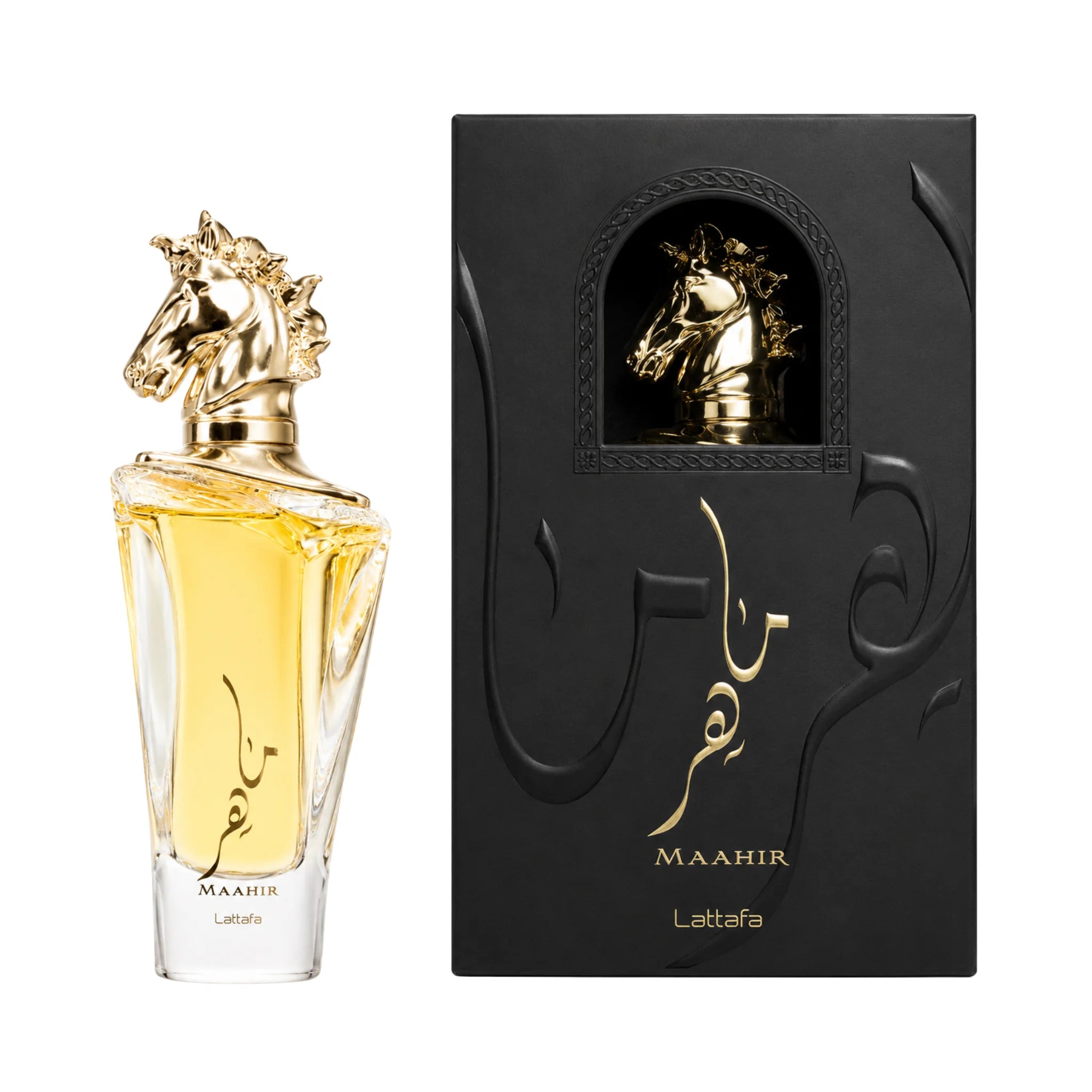 Foto frontal de Maahir Lattafa Eau de Parfum Unisex con fondo blanco y su caja