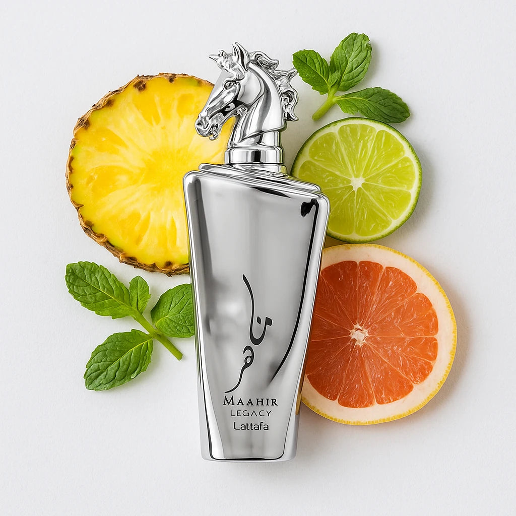 Maahir_Legacy_Lattafa_Eau_de_Parfum_Para_Hombre_Fondo_Blanco_Piña_Menta_Lima_Toronja