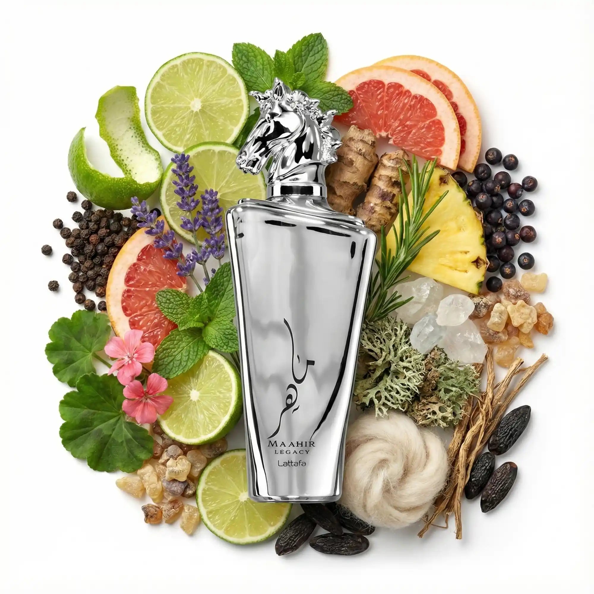 Maahir_Legacy_Lattafa_Eau_de_Parfum_Para_Hombre_Fondo_Blanco_Piña_Menta_Lima_Toronja