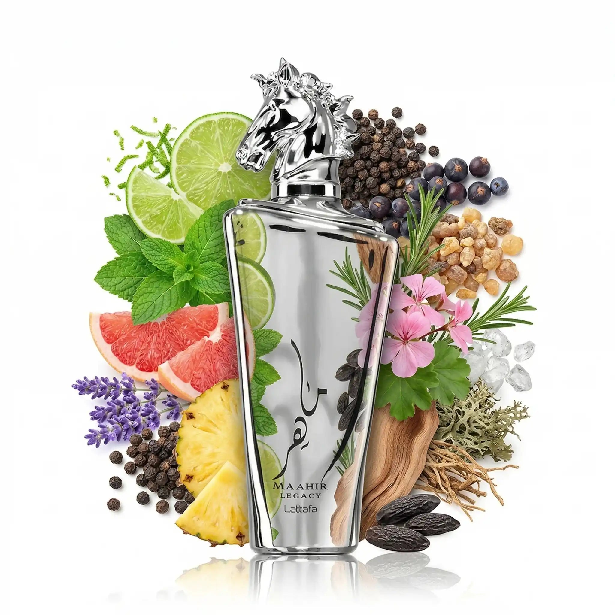 Maahir_Legacy_Lattafa_Eau_de_Parfum_Para_Hombre_Fondo_Blanco_Piña_Menta_Lima_Toronja