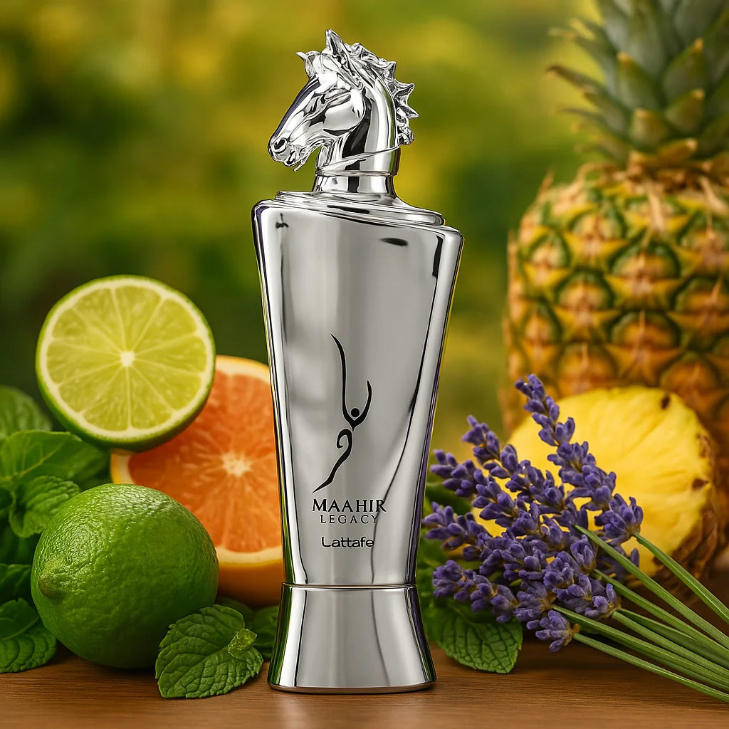 Maahir Legacy Lattafa Eau de Parfum Para Hombre con fondo de frutas