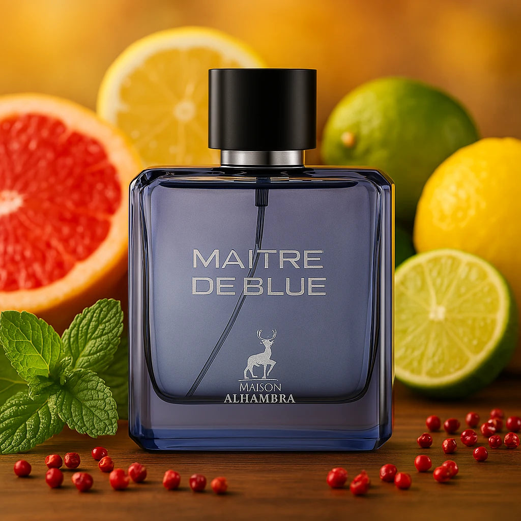 Maitre de Blue Maison Alhambra Eau de Parfum Para Hombre con fondo de frutas y pimienta