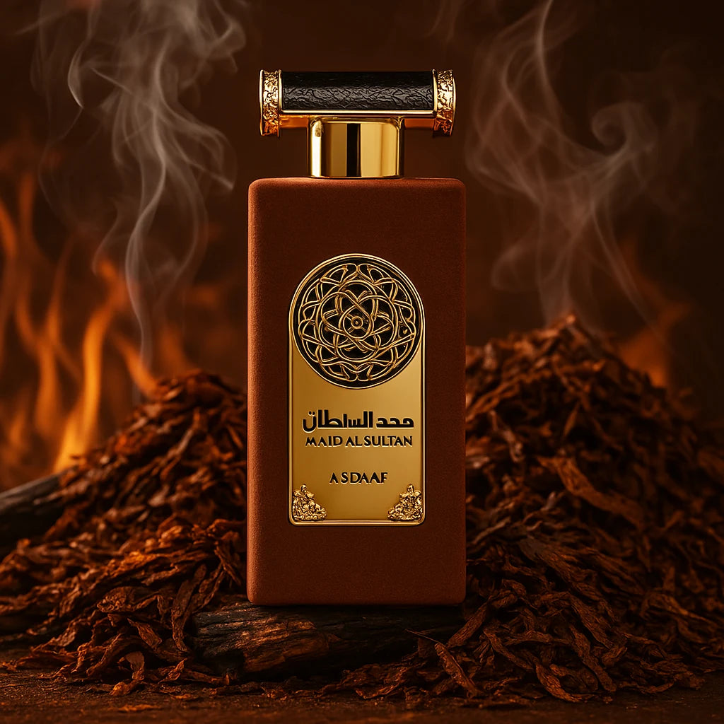 Majd Al Sultan Asdaaf Eau de Parfum Para Hombre con fondo de tabaco