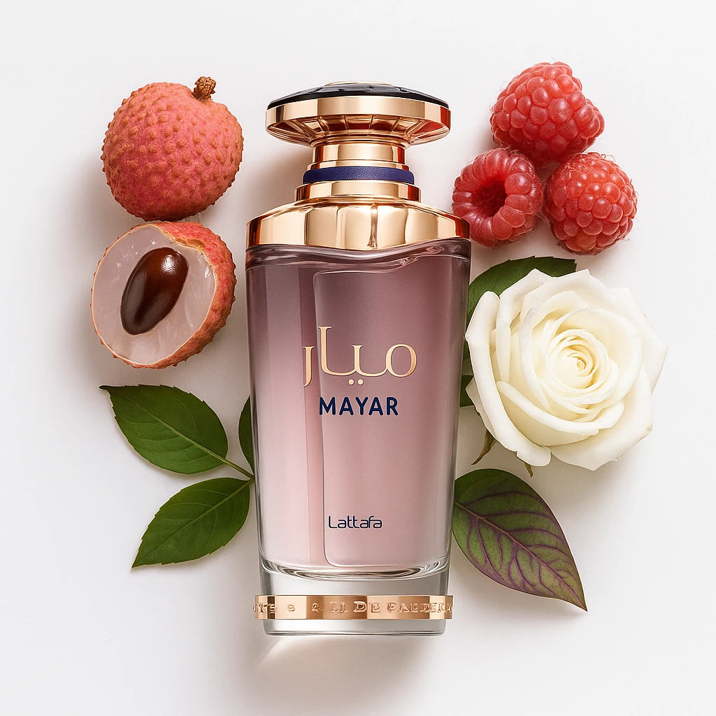 Mayar_Lattafa_Eau_de_Parfum_Para_Mujer_Fondo_Blanco_Lichi_Frambuesa_Violeta_Rosa