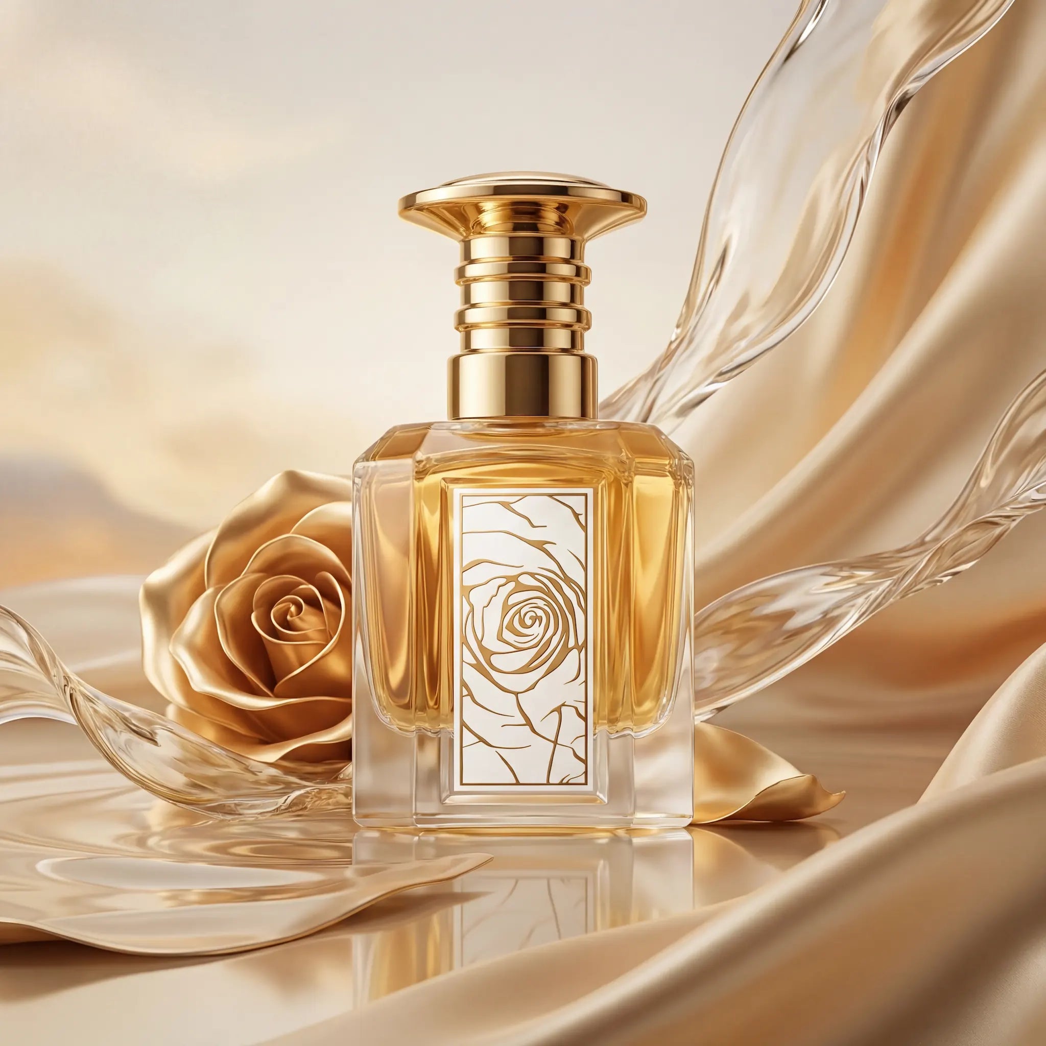 Mazaaji Lattafa Eau de Parfum Para Mujer con fondo creativo de rosas y aguas