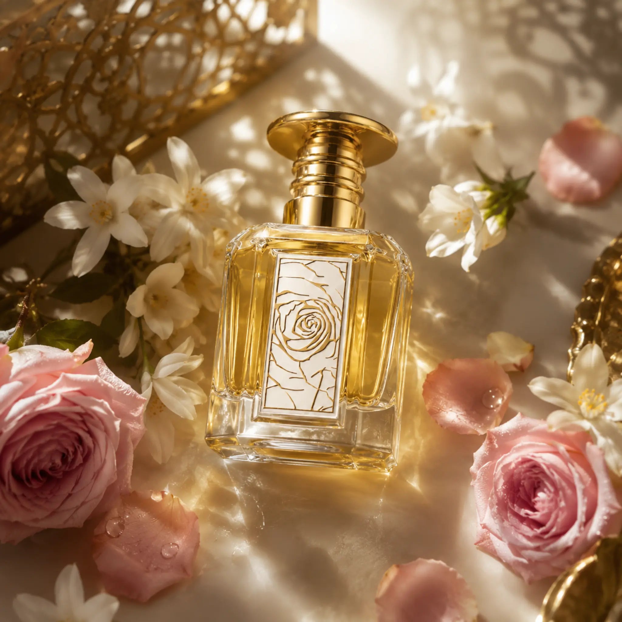 Mazaaji Lattafa Eau de Parfum Para Mujer con fondo creativo de rosas y aguas