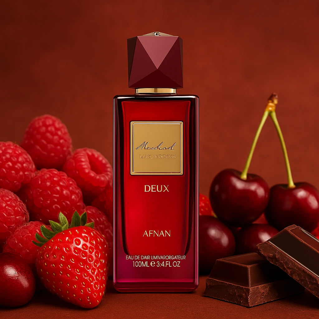 Modest Deux Afnan Eau de Parfum Para Mujer con fondo de fresas y chocolate