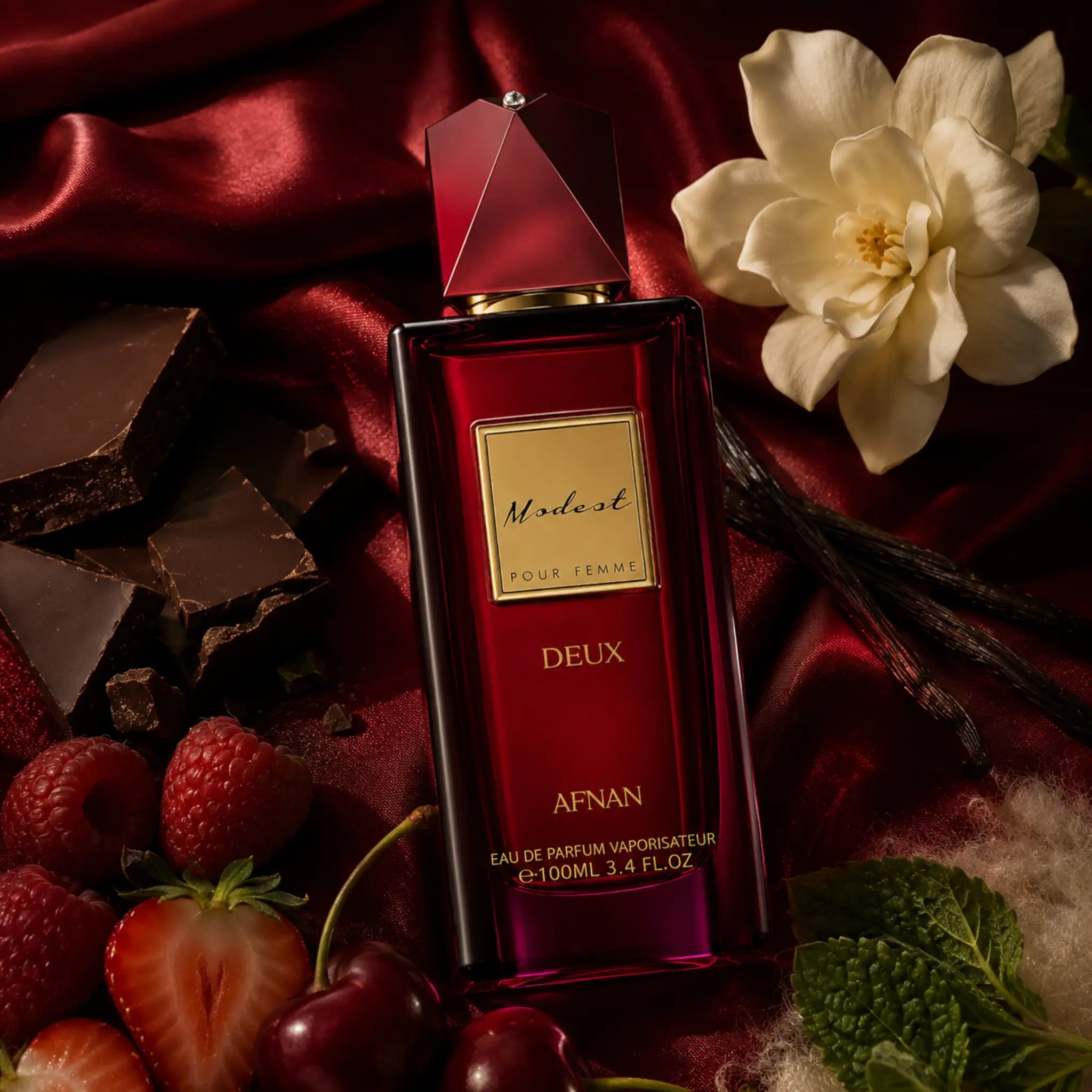 Modest Deux Afnan Eau de Parfum Para Mujer con fondo creativo desertico