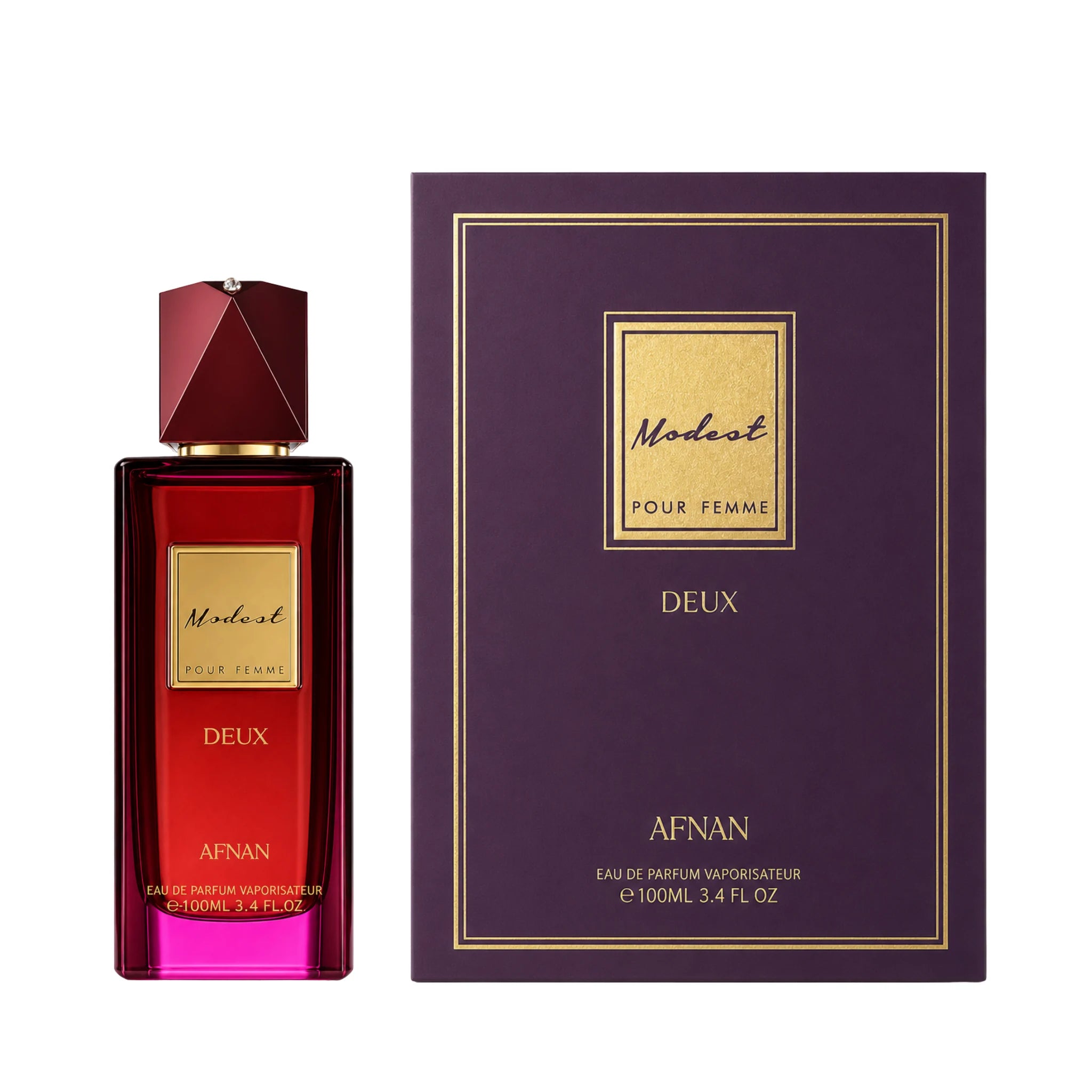 Frontal del Modest Deux Afnan Eau de Parfum Para Mujer con su caja