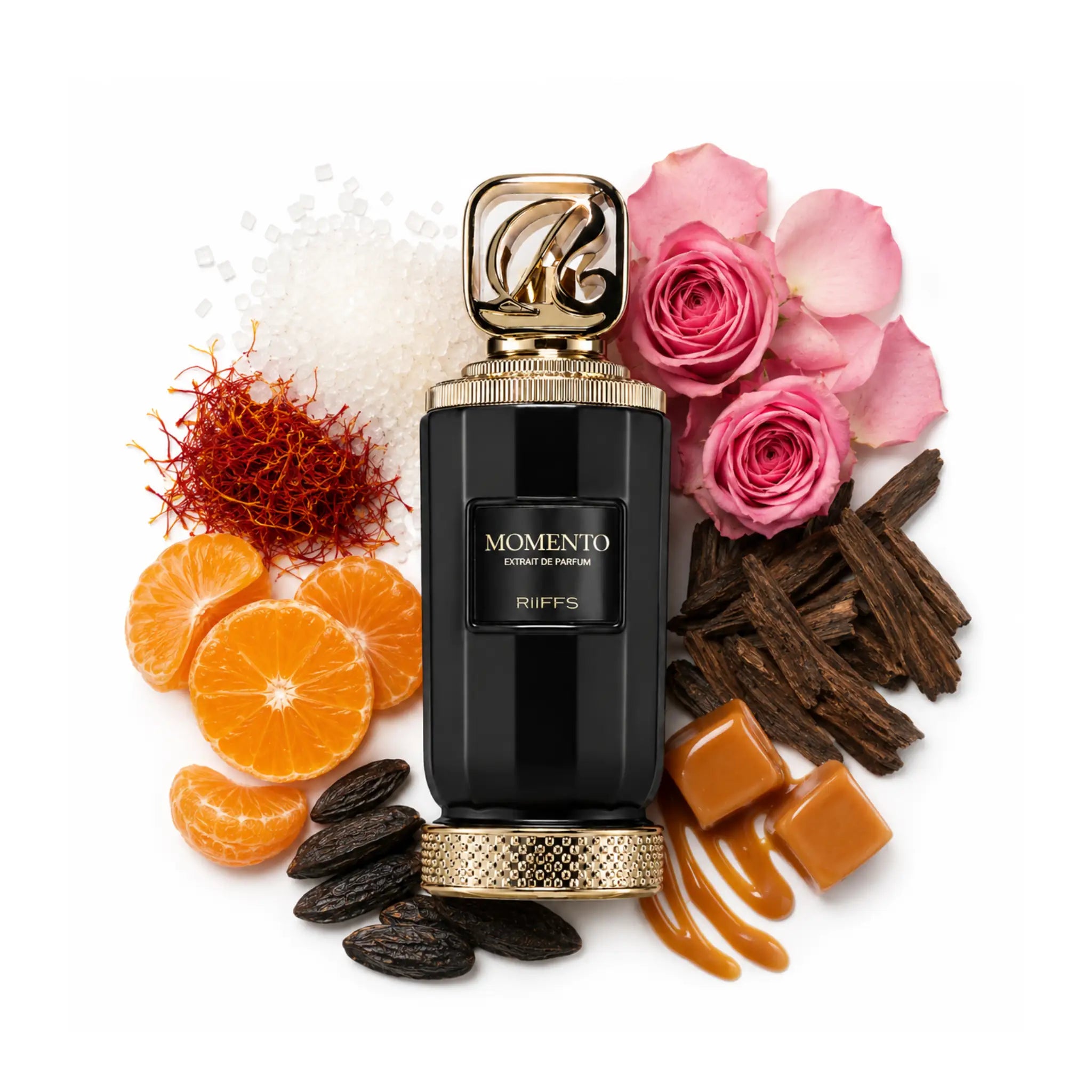 Botella e ingredientes de Momento Riiffs Extrait de Parfum