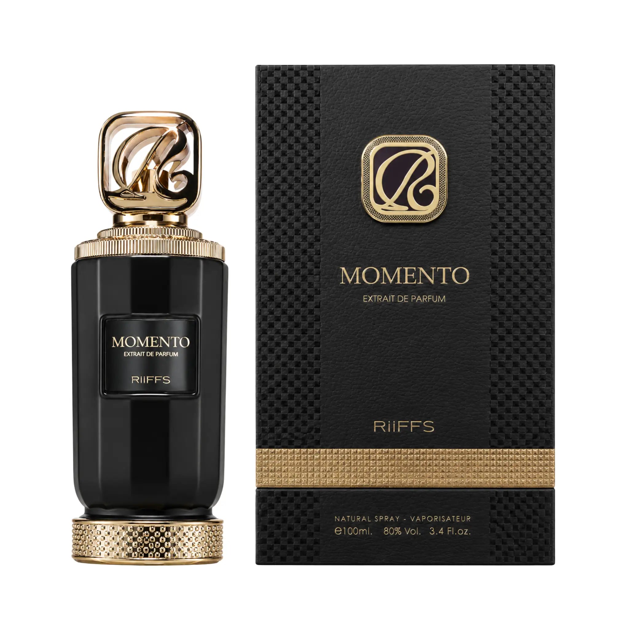 Botella y caja de Momento Riiffs Extrait de Parfum