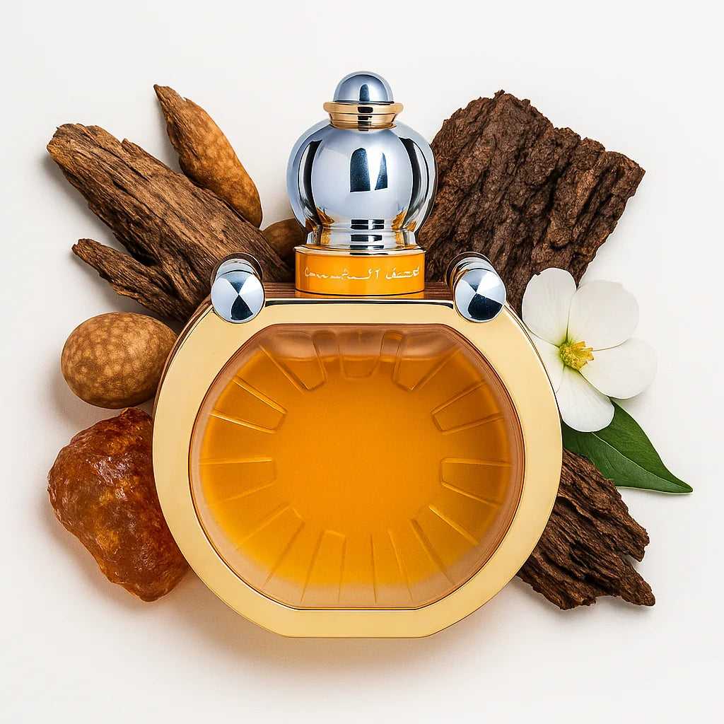 Mukhallat_Shams_Ajmal_Eau_de_Parfum_Unisex_Fondo_Blanco_Madera_Ambar_Amendradas_Almizcle
