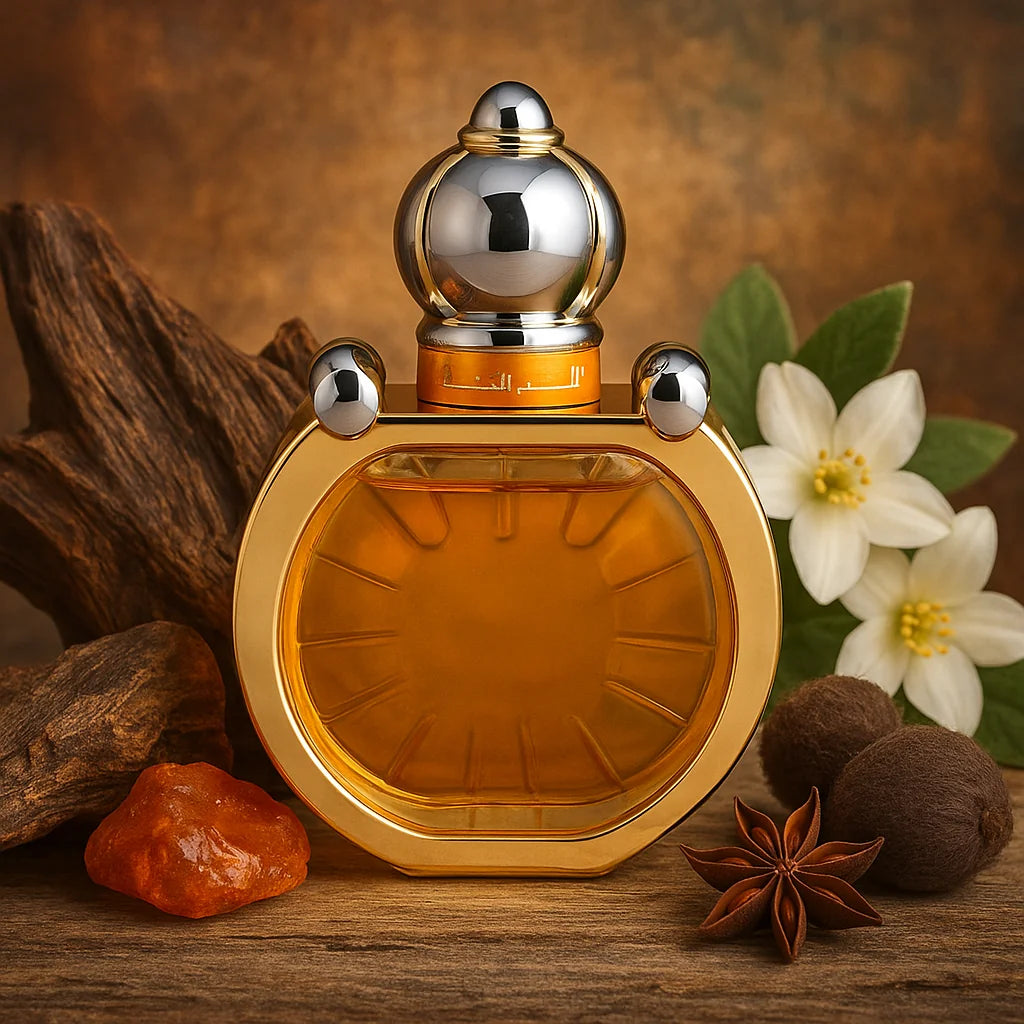 Mukhallat Shams Ajmal Eau de Parfum Unisex con fondo de madera