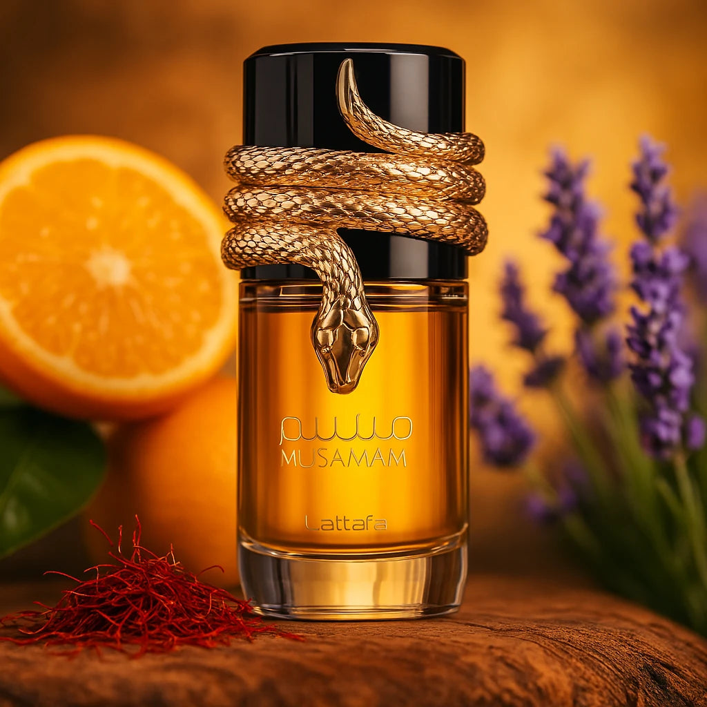 Musamam Lattafa Eau de Parfum Unisex con fondo de naranja