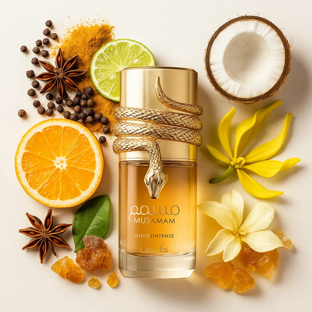 Musamam_White_Intense_Lattafa_Eau_de_Parfum_Unisex_Fondo_Blanco_Especias_Bergamota_Naranja_Coco_Ylang_Ambroxan_Mahonial