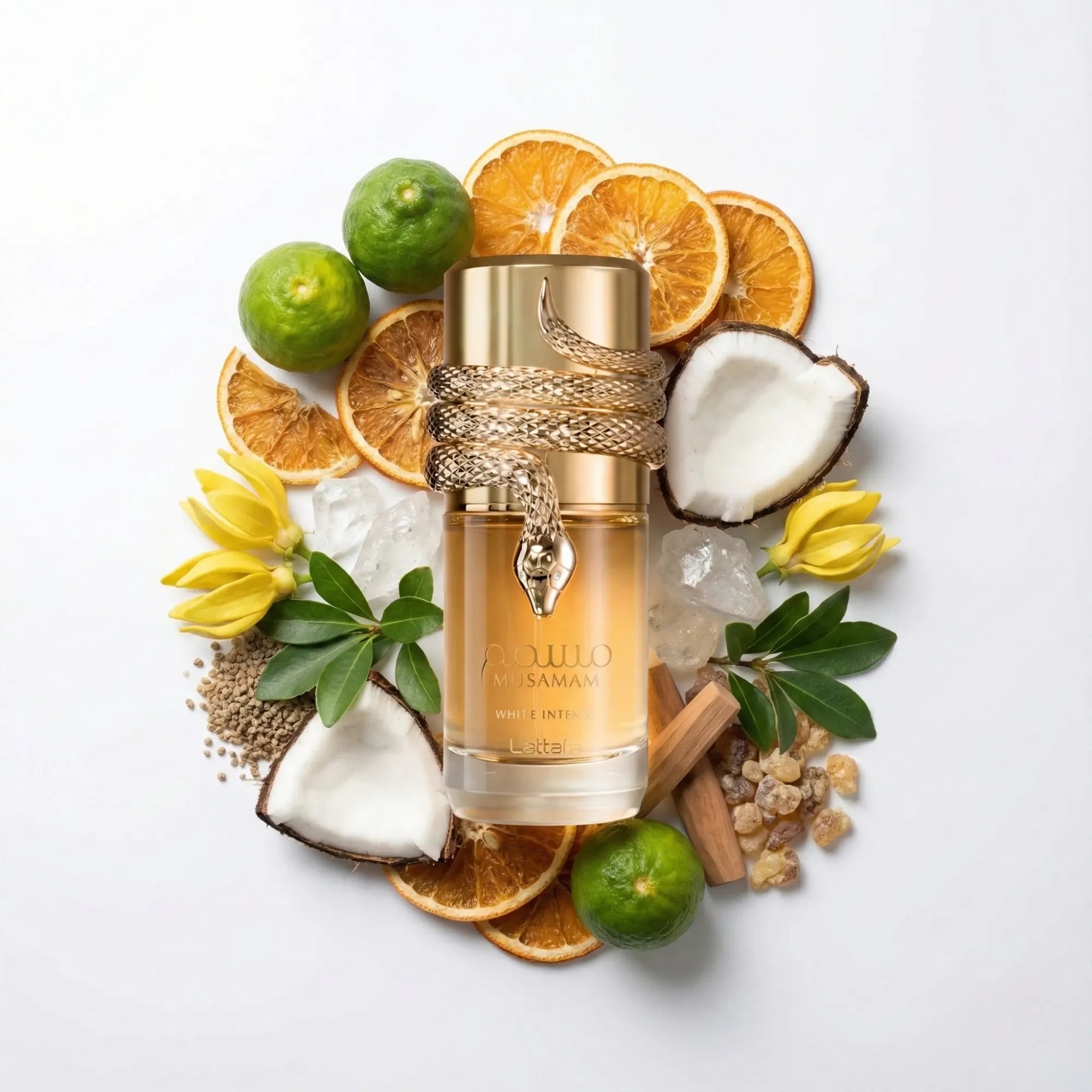 Musamam_White_Intense_Lattafa_Eau_de_Parfum_Unisex_Fondo_Blanco_Especias_Bergamota_Naranja_Coco_Ylang_Ambroxan_Mahonial