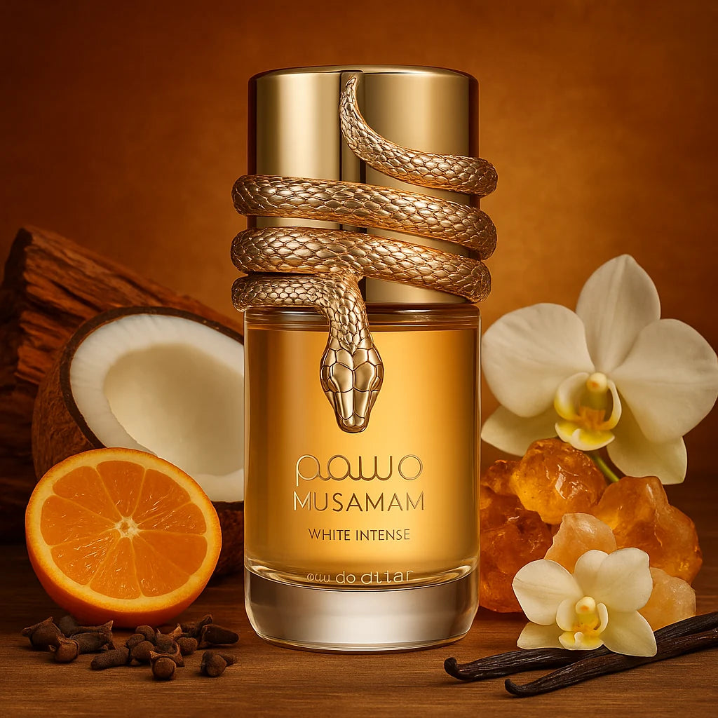 Musamam White Intense Lattafa Eau de Parfum Unisex con fondo de flores