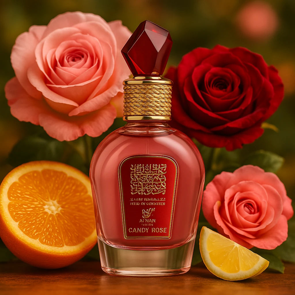 Musk Candy Rose Lattafa Eau de Parfum Para Mujer con fondo de flores