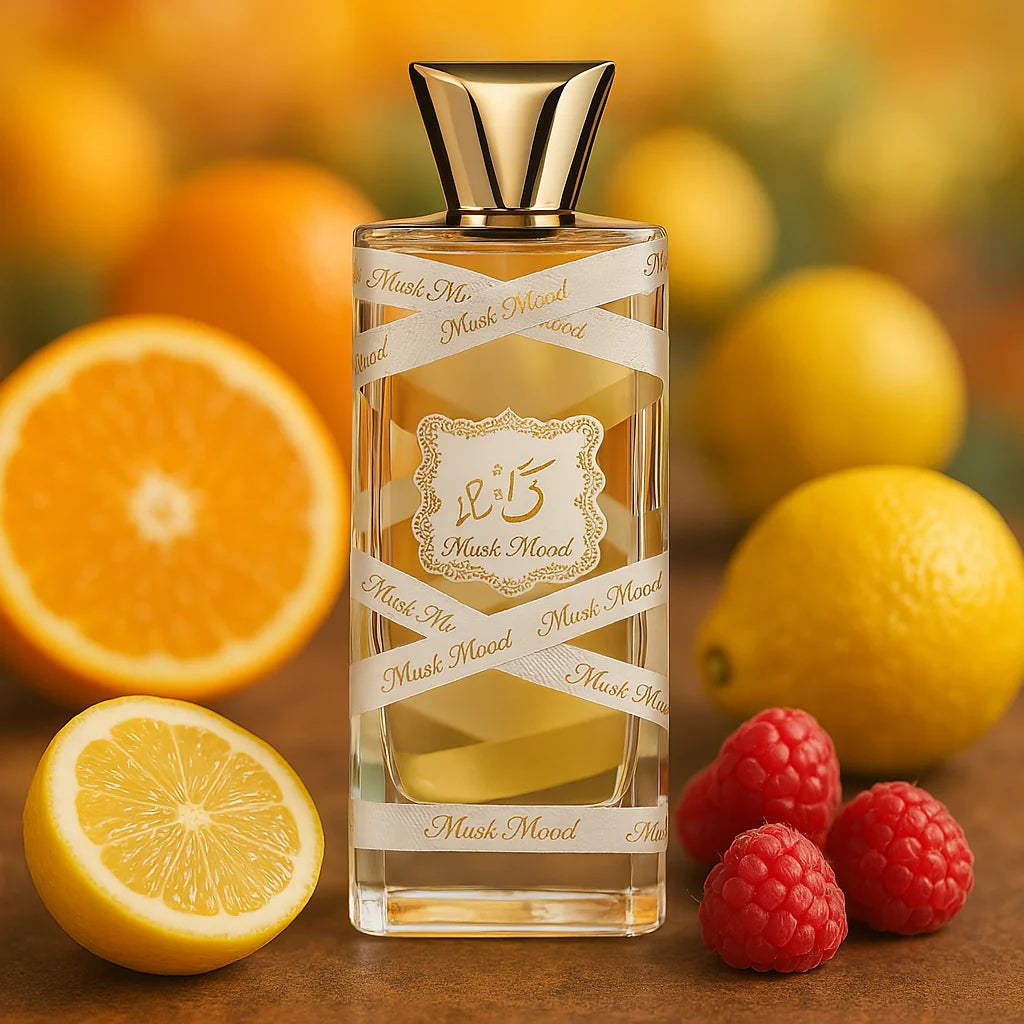Musk Mood Lattafa Eau de Parfum Para Mujer con fondo de frutas