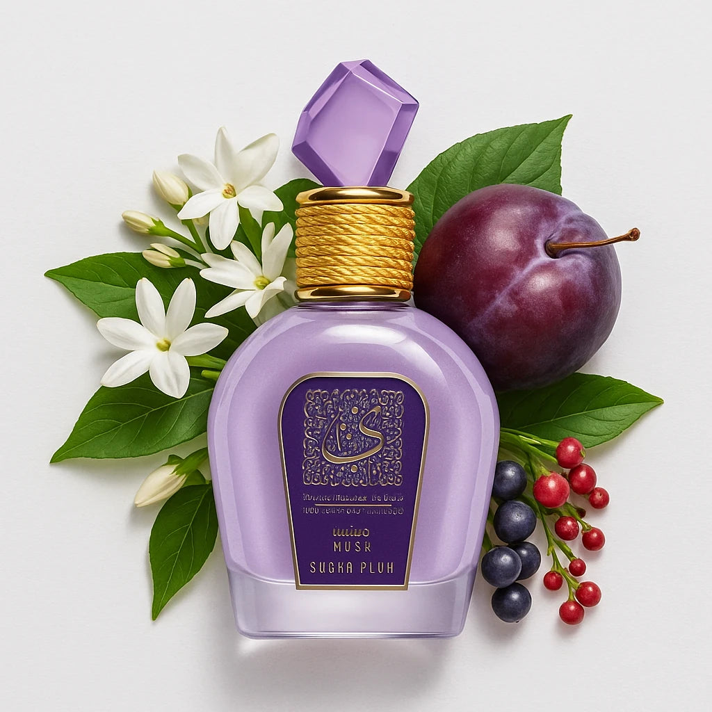 Musk_Sugar_Plum_Lattafa_Eau_de_Parfum_Para_Mujer_Fondo_Blanco_Ciruela_Jazmin_Flor_Fruta