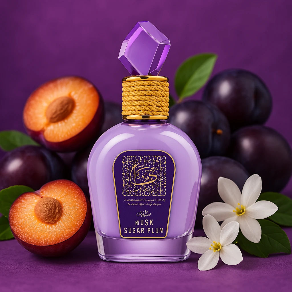 Musk Sugar Plum Lattafa Eau de Parfum Para Mujer con fondo de frutas