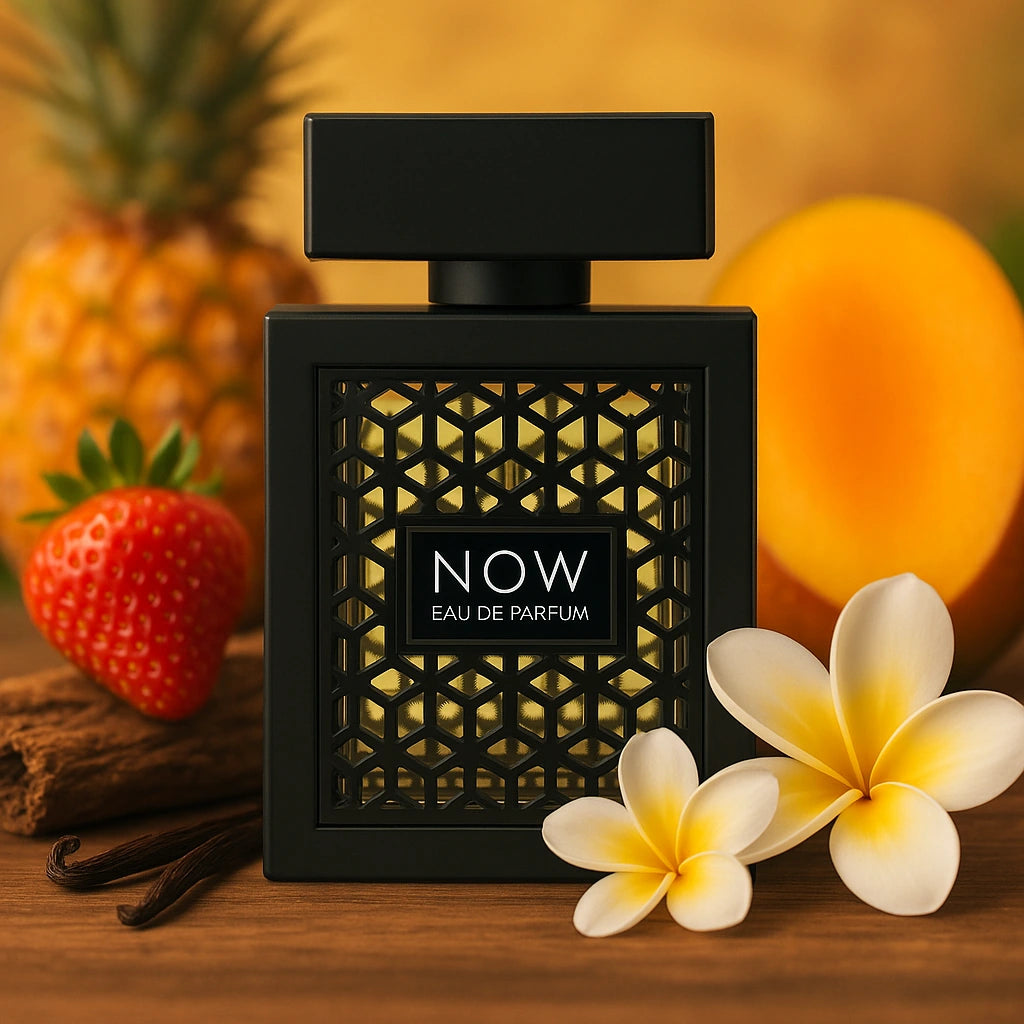 Now Rave Eau de Parfum Para Hombre con fondo de flores