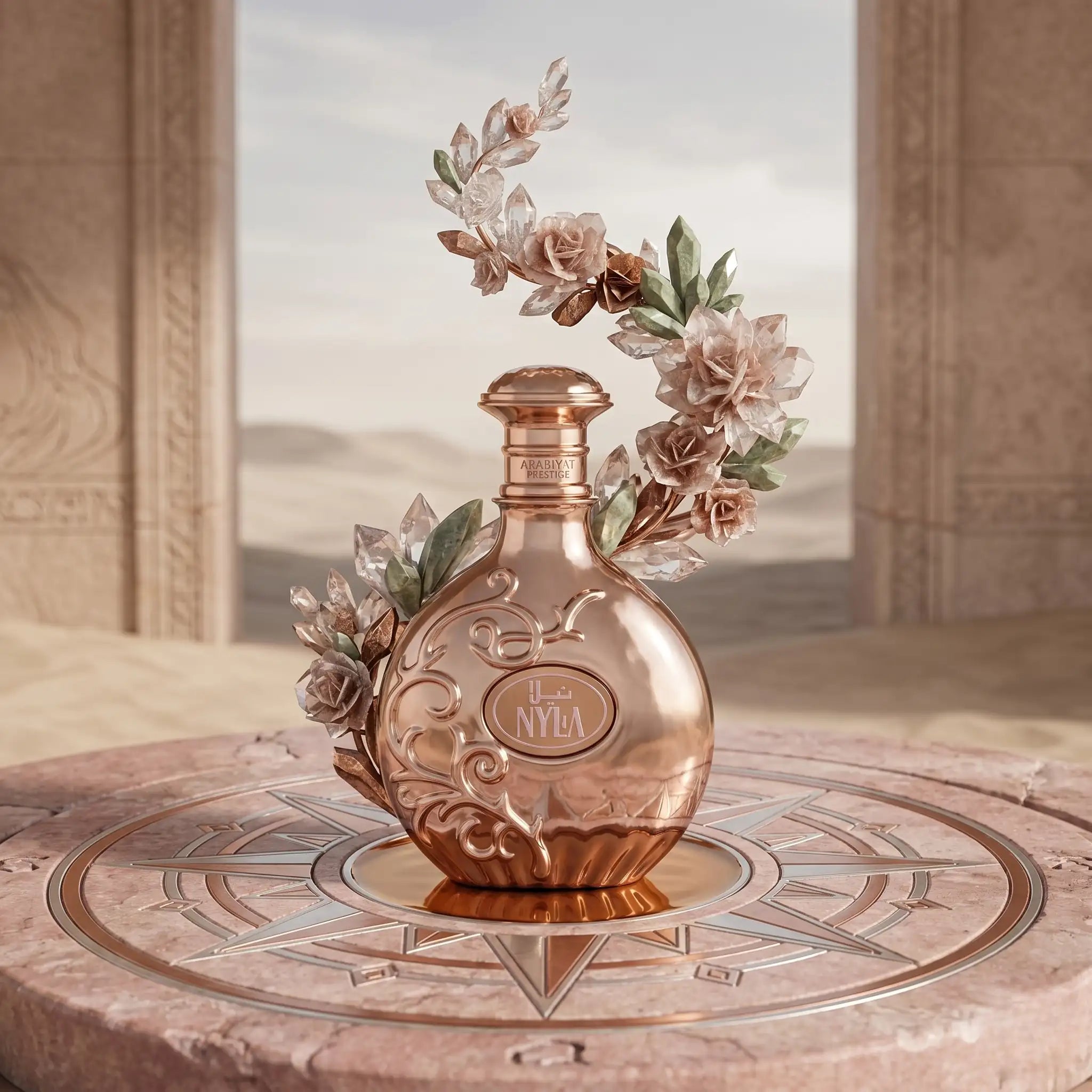 Nyla Arabiyat Prestige Eau de Parfum con fondo dorado y flores