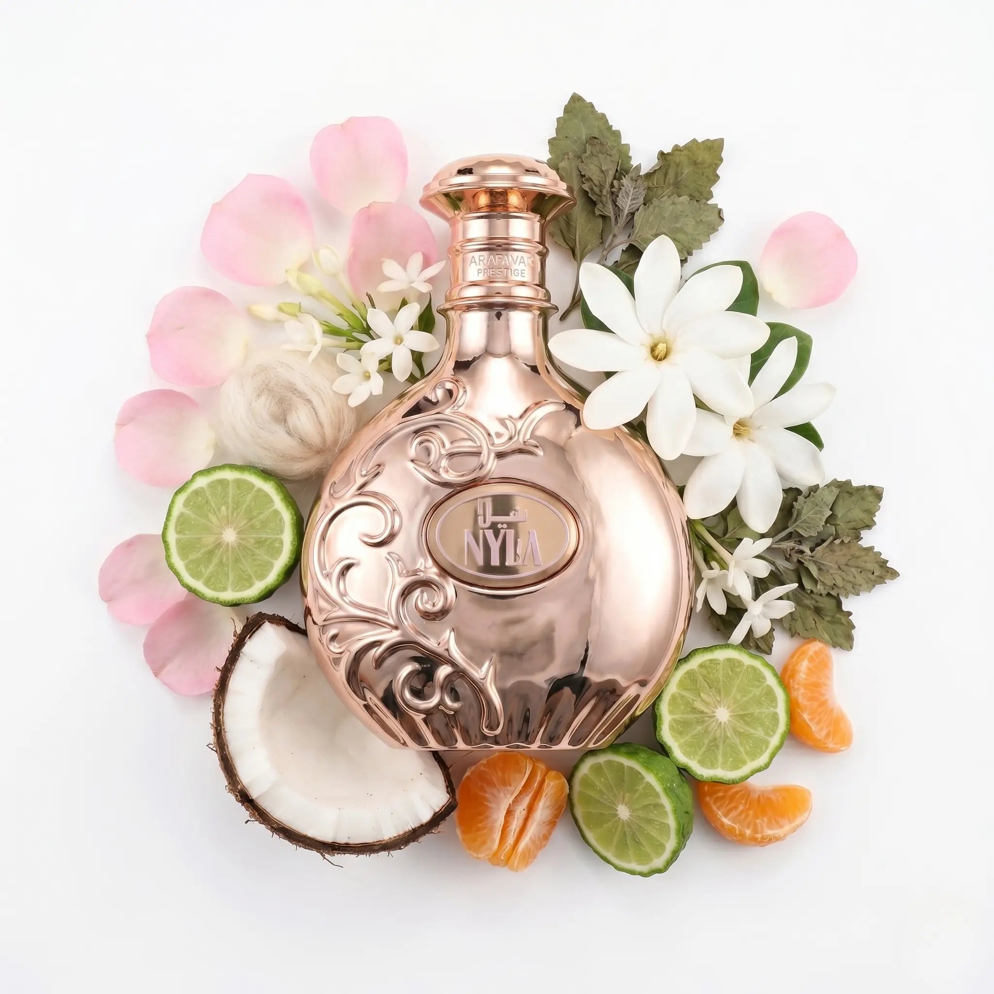 Nyla Arabiyat Prestige Eau de Parfum con fondo de ingredientes