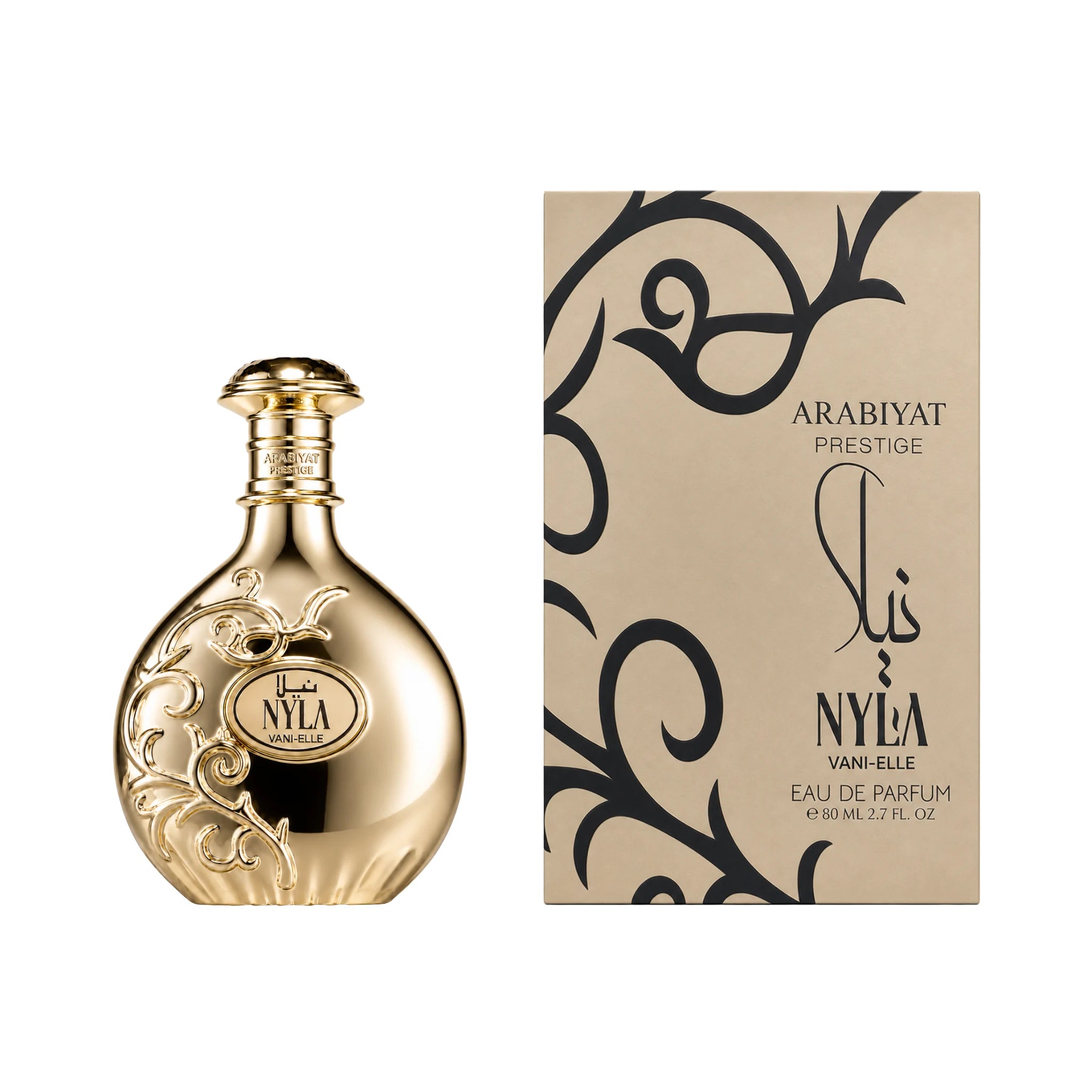 Caja y botella de Nyla Vani-Elle Arabiyat Prestige Eau de Parfum
